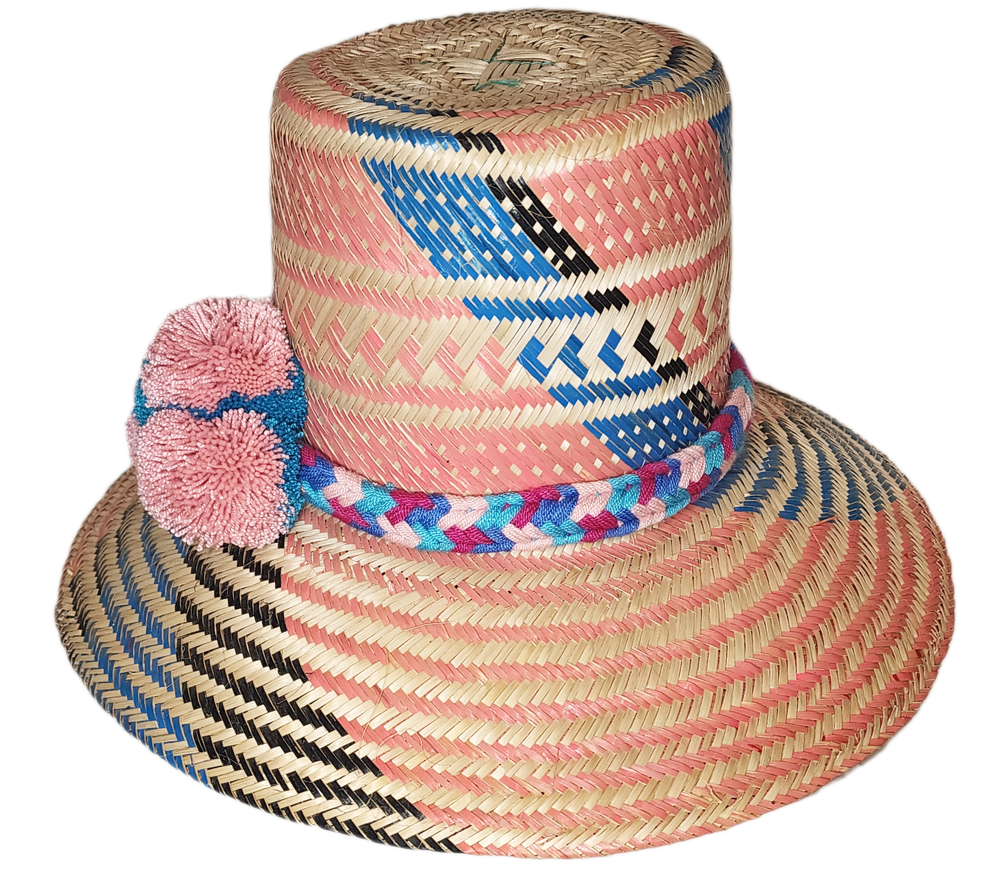 "Handmade Wayuu hat crafted from colorful Iraca palm fibers, adorned with symbolic pompoms, showcasing unique, vibrant design