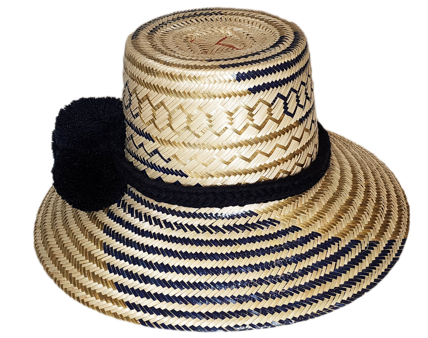 "Handmade Wayuu hat crafted from Iraca palm, adorned with colorful pompoms, adjustable for various head sizes."