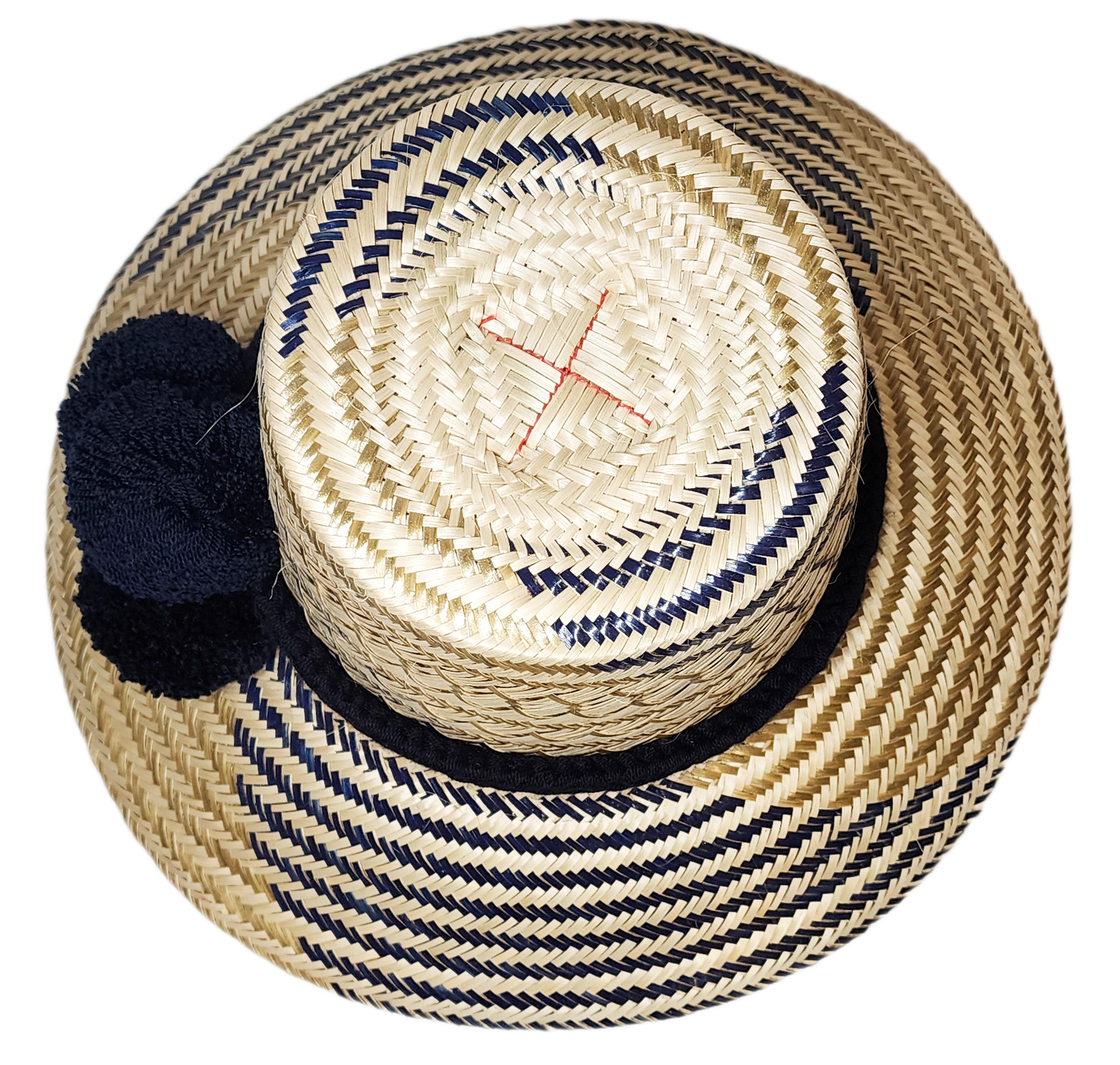 "Handmade Wayuu hat crafted from Iraca palm, adorned with colorful pompoms, adjustable for various head sizes."