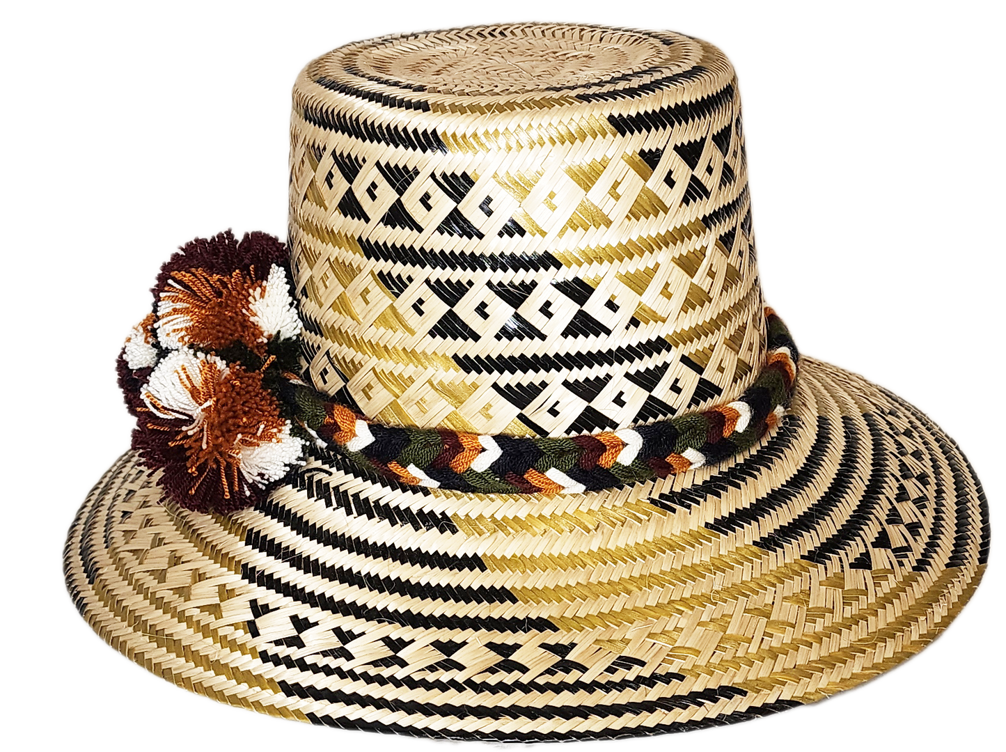 "Handmade Wayuu hat crafted from Iraca palm fibers, adorned with colorful pompoms, showcasing artisanal Colombian and Venezue