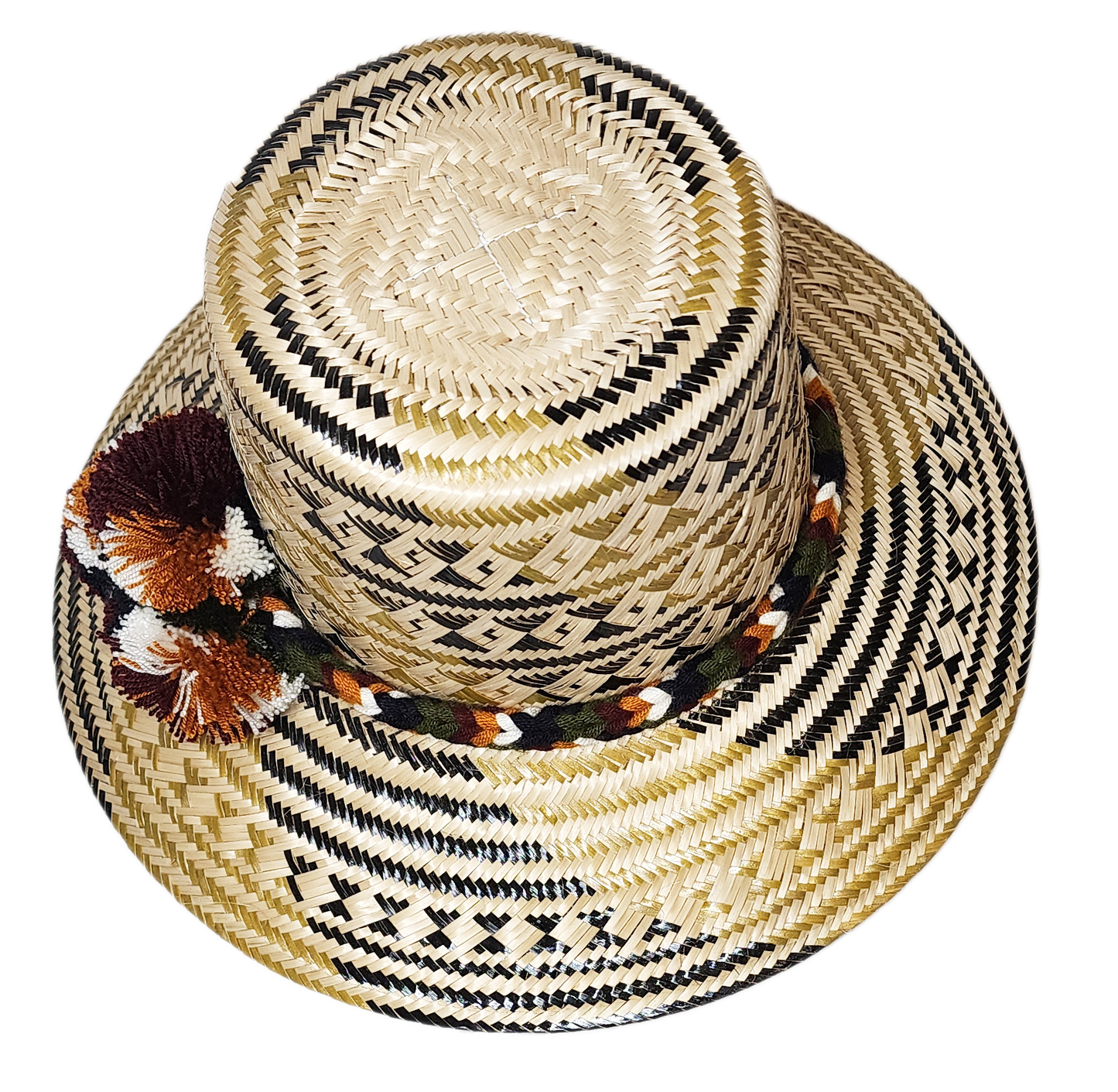 "Handmade Wayuu hat crafted from Iraca palm fibers, adorned with colorful pompoms, showcasing artisanal Colombian and Venezue