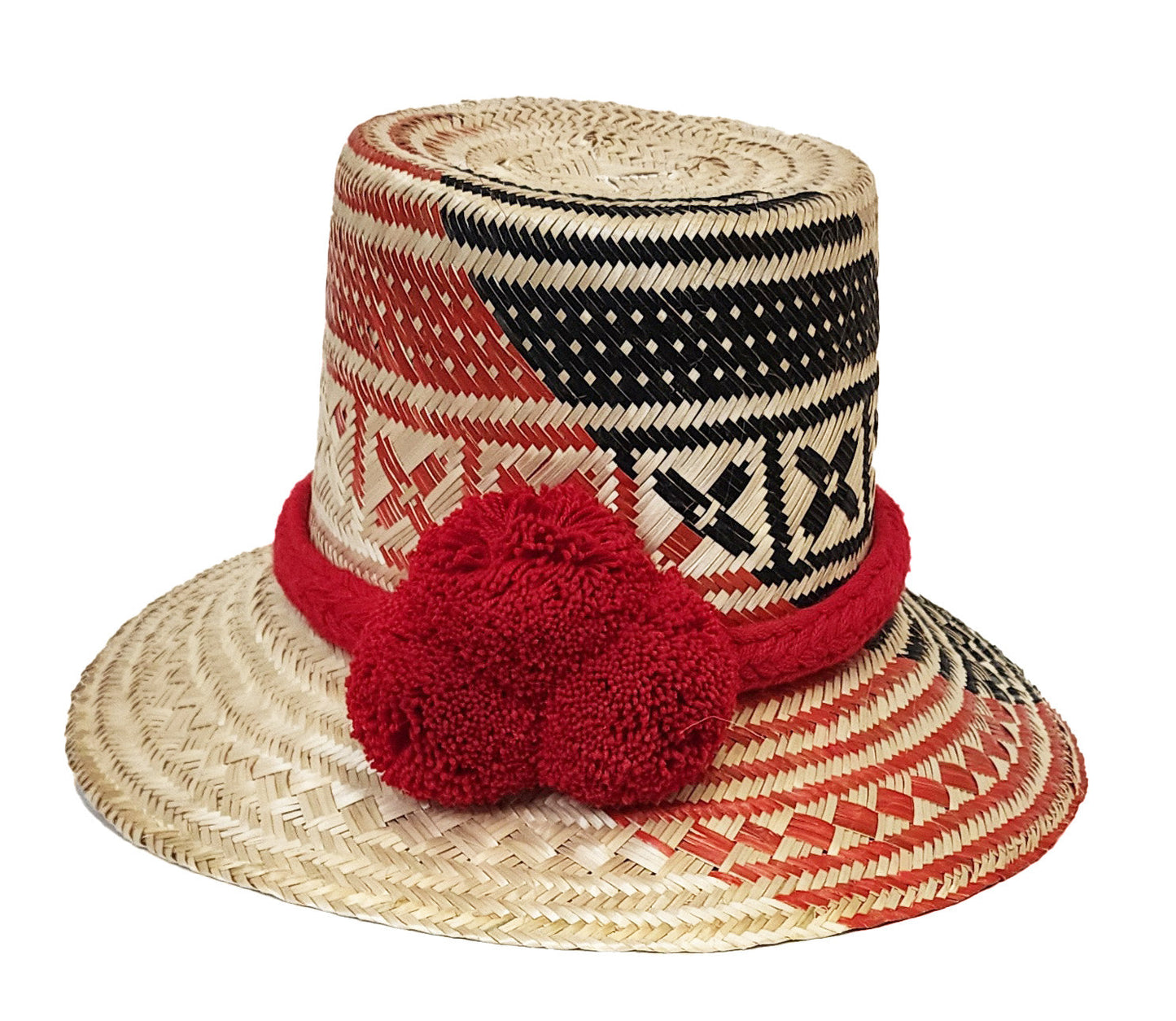 "Handmade Wayuu Hat crafted from iraca palm fibers by Wuitusu artisans, featuring colorful patterns and wide sun-protective b
