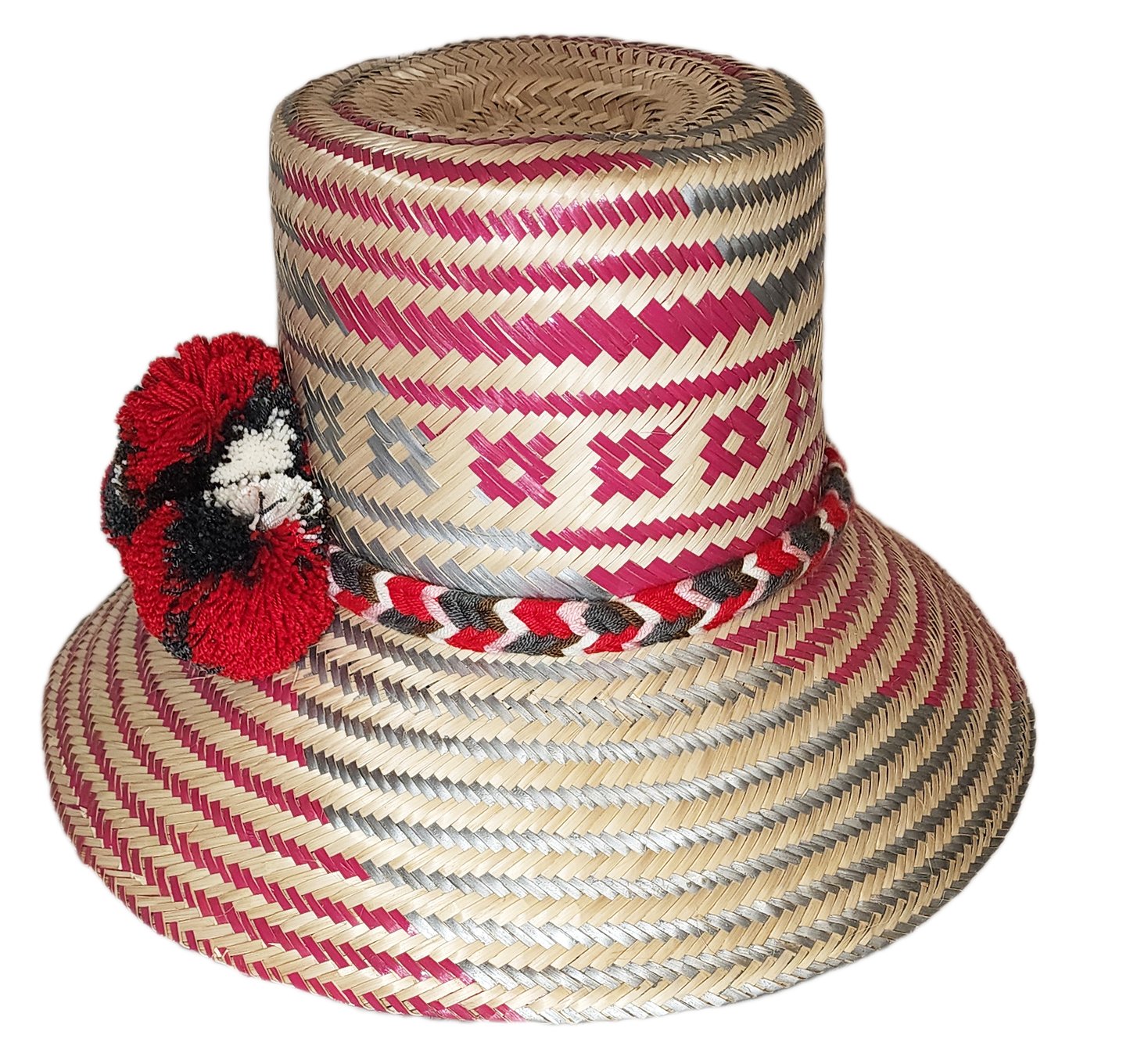 "Handmade Wayuu hat crafted from Iraca palm fibers by Wuitusu artisans, adorned with colorful pompoms for cultural significan