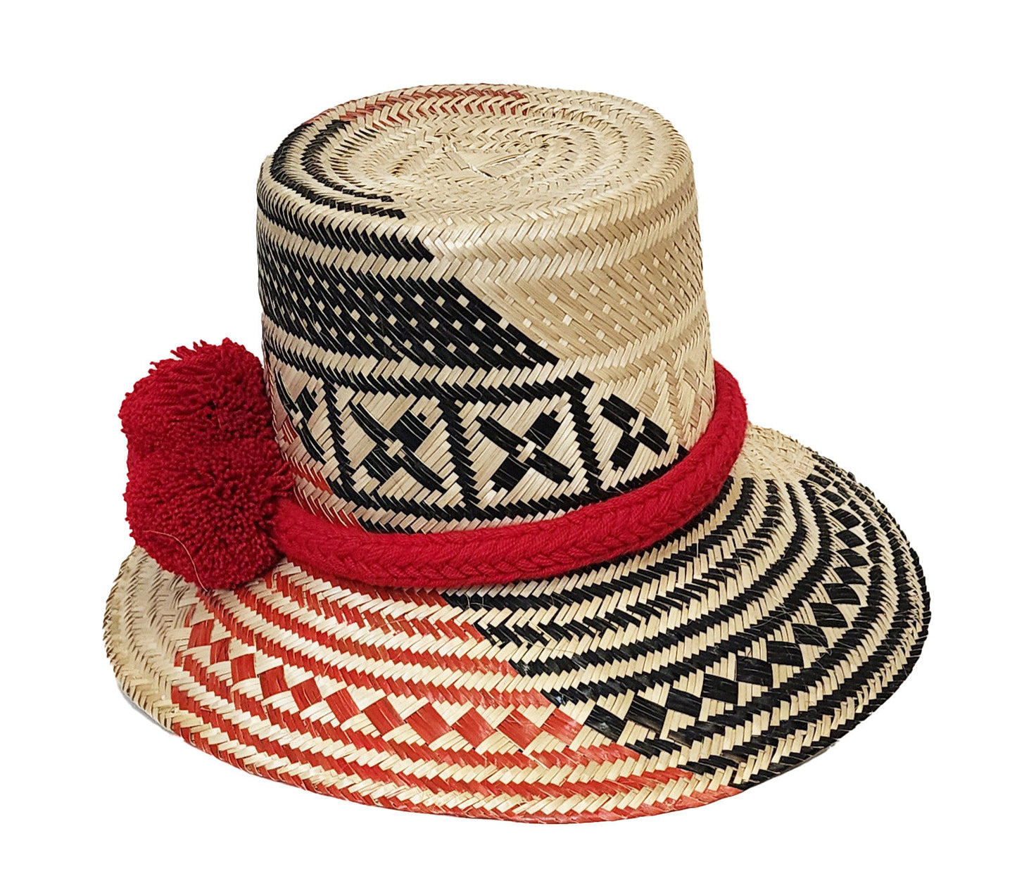"Handmade Wayuu Hat crafted from iraca palm fibers by Wuitusu artisans, featuring colorful patterns and wide sun-protective b
