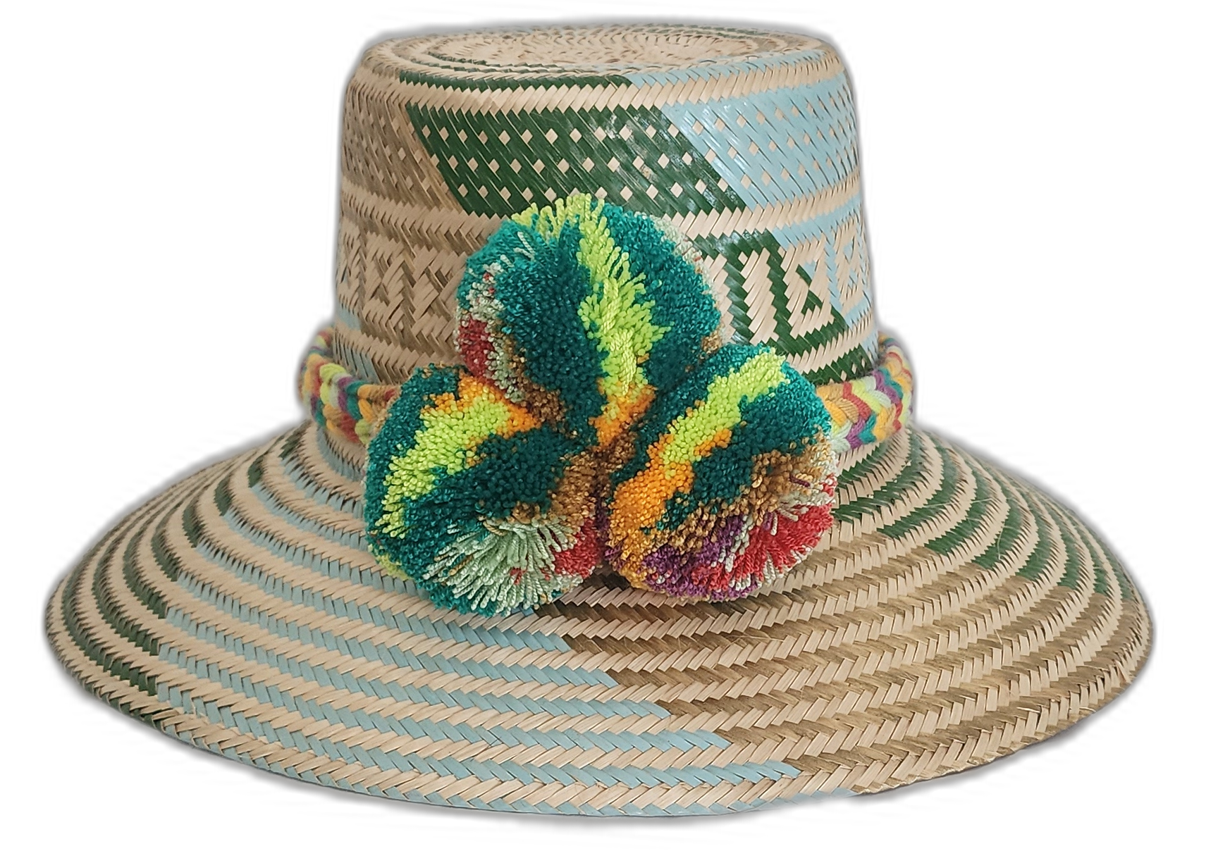 Handmade Wayuu straw hat with green and blue patterns and multicolor pompoms