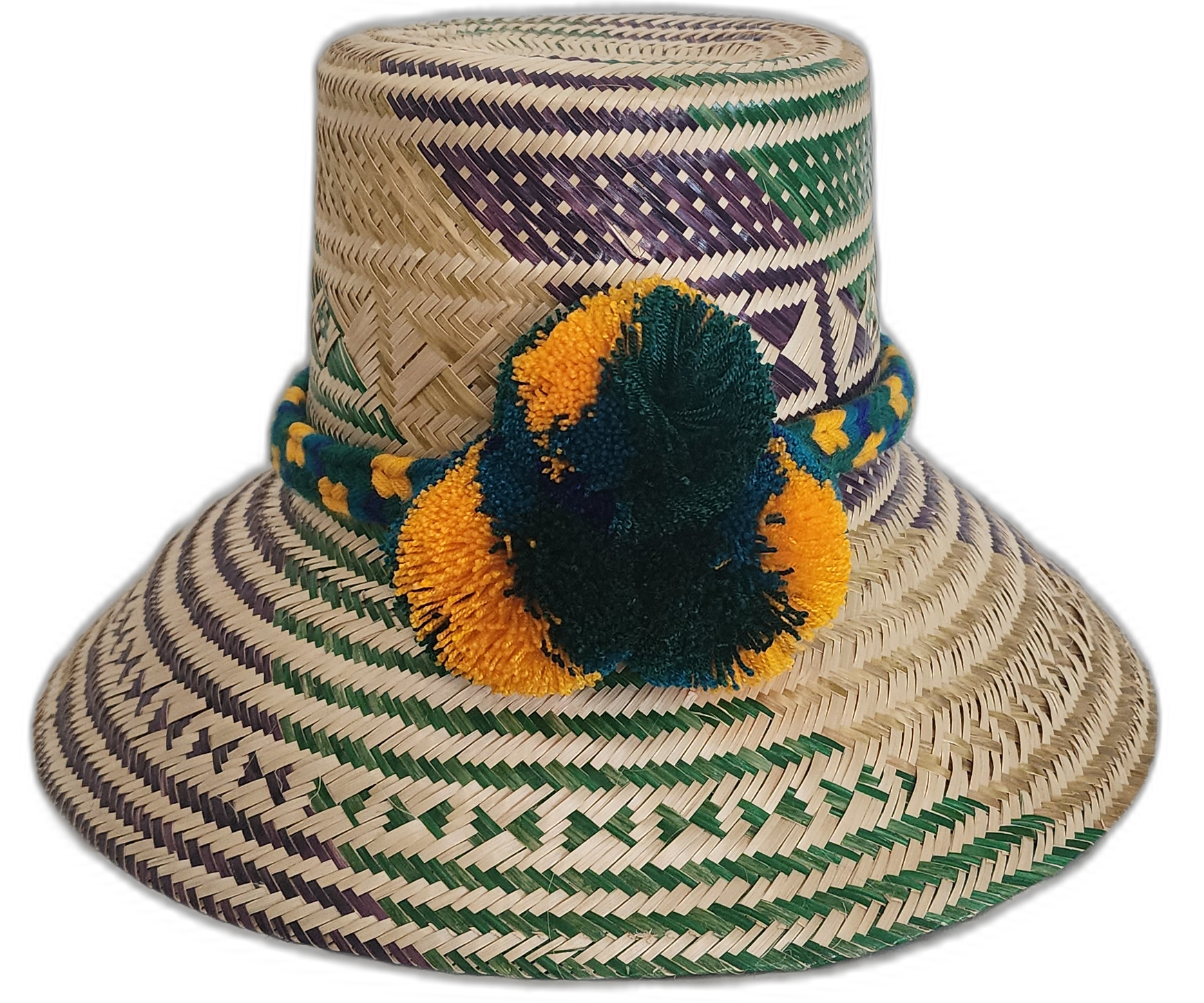 Handmade Wayuu straw hat with green and purple weave and yellow pompoms