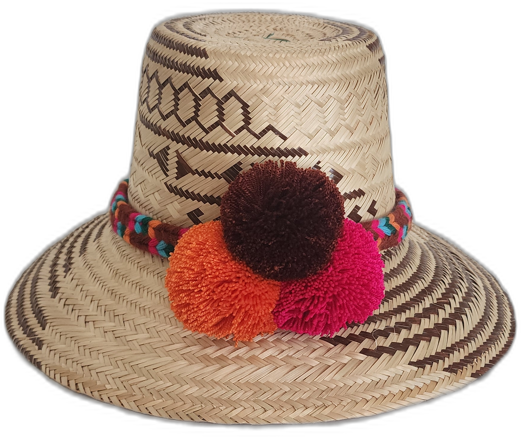 Handmade Wayuu straw hat with brown tribal designs and colorful pompoms