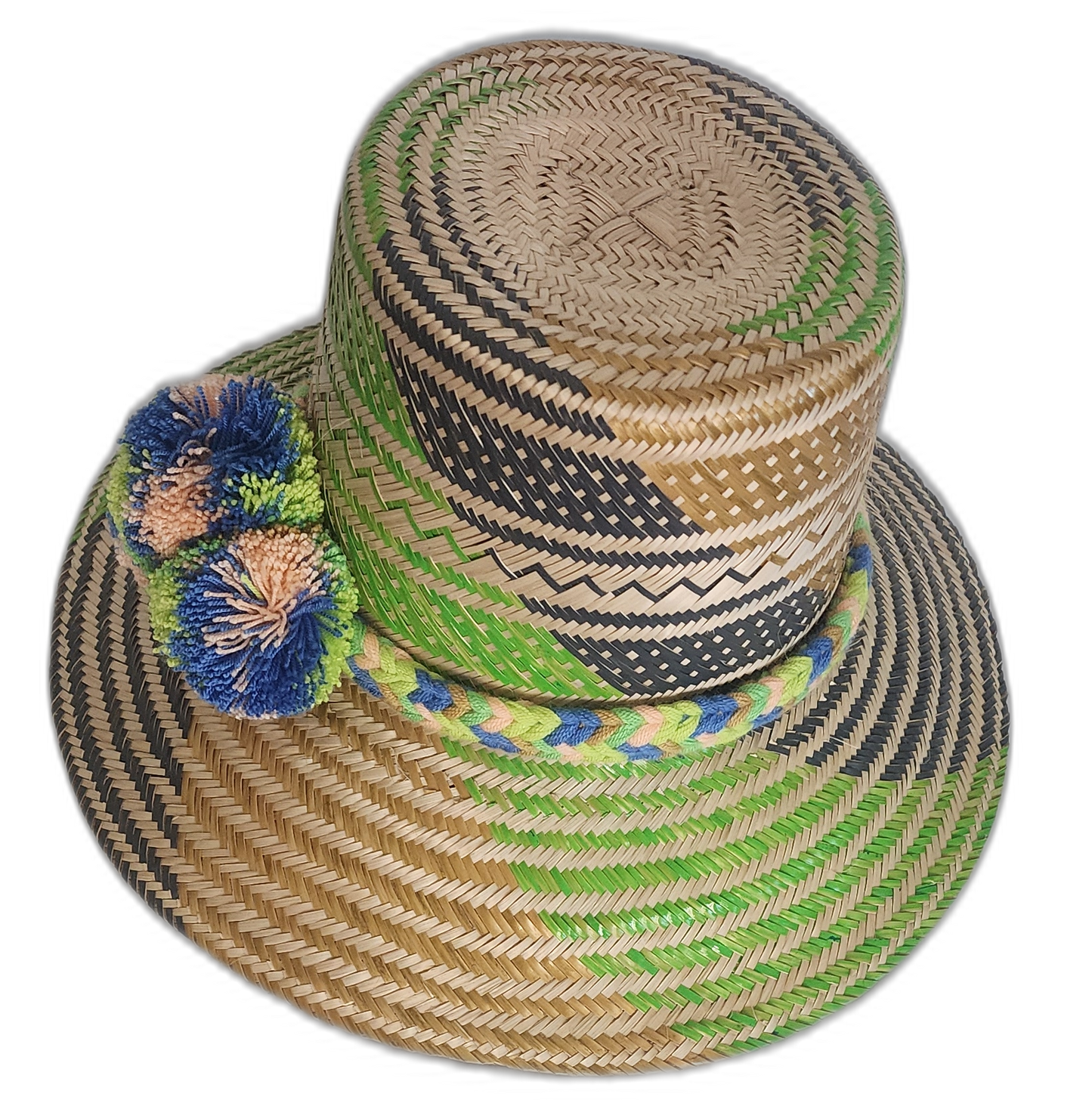Colorful handmade Wayuu hat with diagonal weave and pompoms