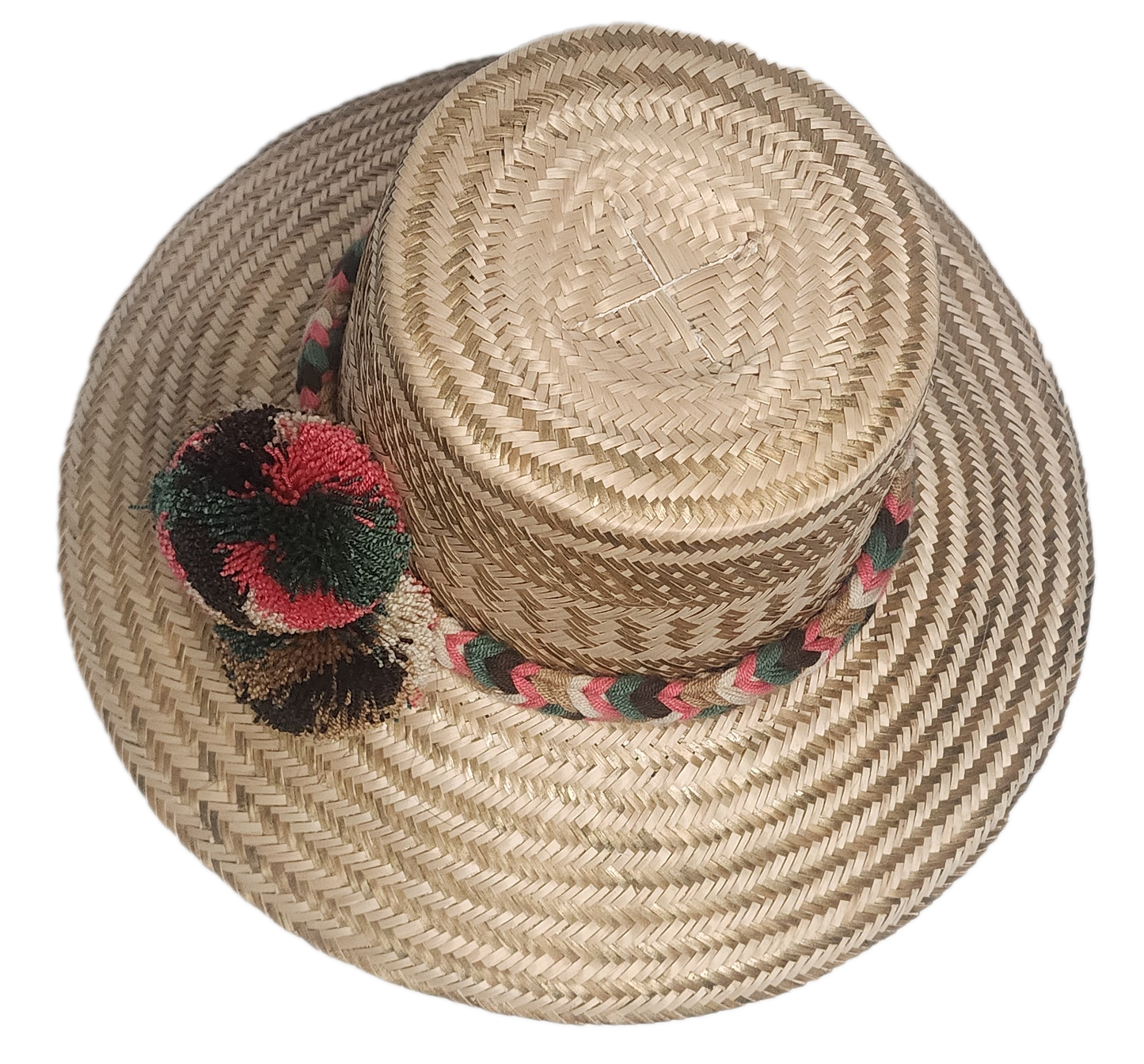 Handmade Wayuu boho straw hat with colorful pom-poms and an earth-tone band. Lightweight, artisan-crafted, and perfect for sun-filled bohemian style.
