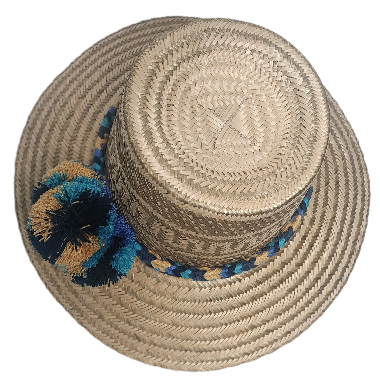 Artisan-crafted Wayuu hat in natural straw with blue, black, and mustard color accents — perfect for a handmade, bohemian summer look.