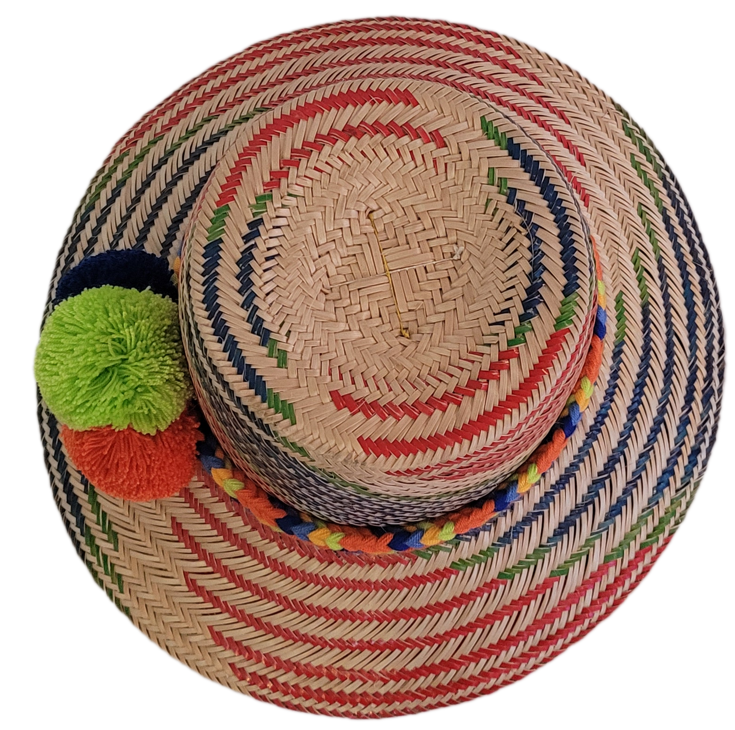 Boho-style handcrafted straw hat featuring a bright rainbow palette and cheerful pom-poms — a fun, colorful accessory for the free-spirited soul.