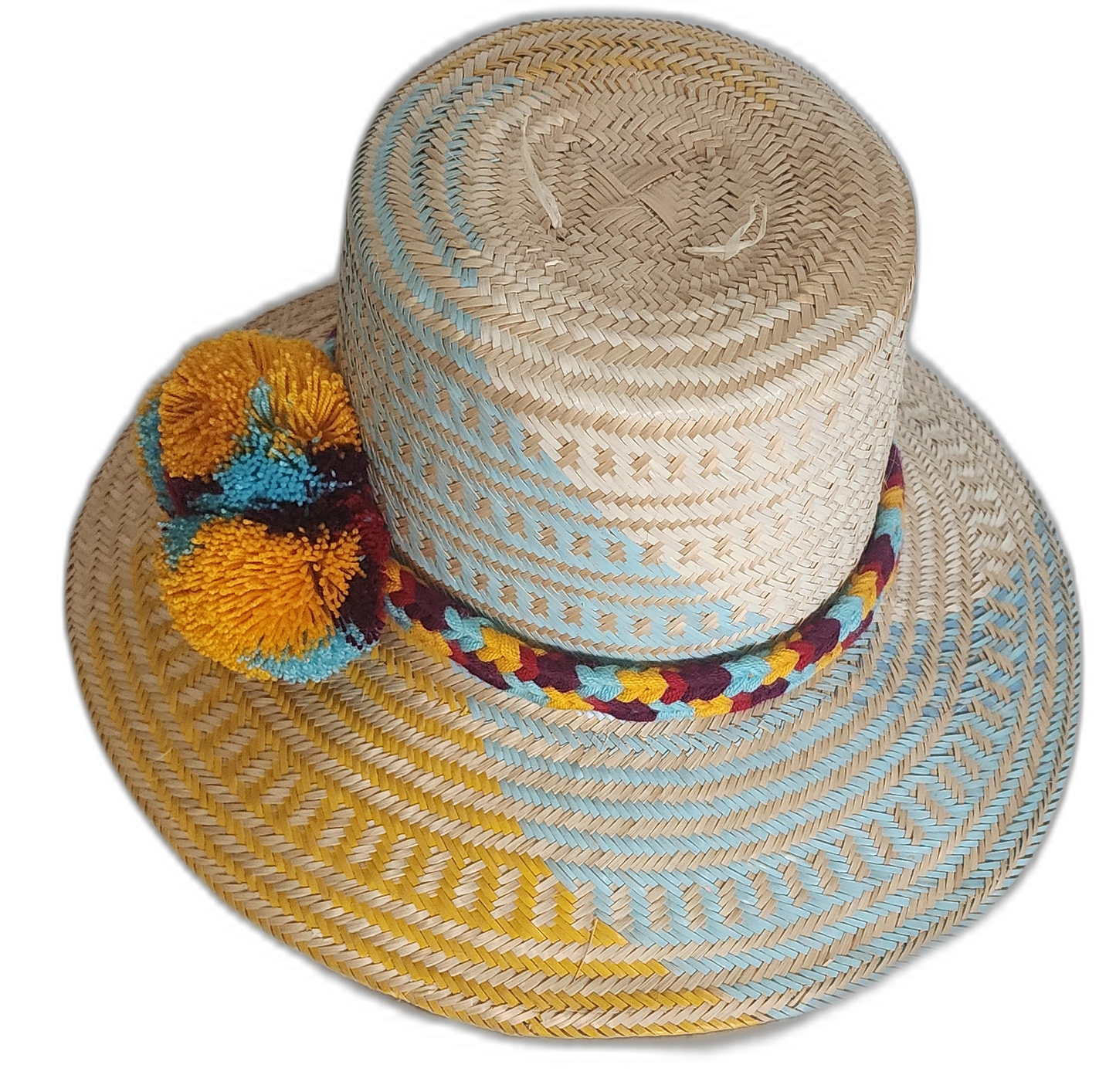 Bohemian straw hat with bright yellow and light blue patterns and a decorative braided band.