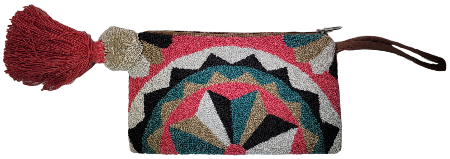 "Handmade Wuitusu Artisan Needle Punch Clutch with colorful Wayuu patterns, zippered closure, and fabric lining, supporting F