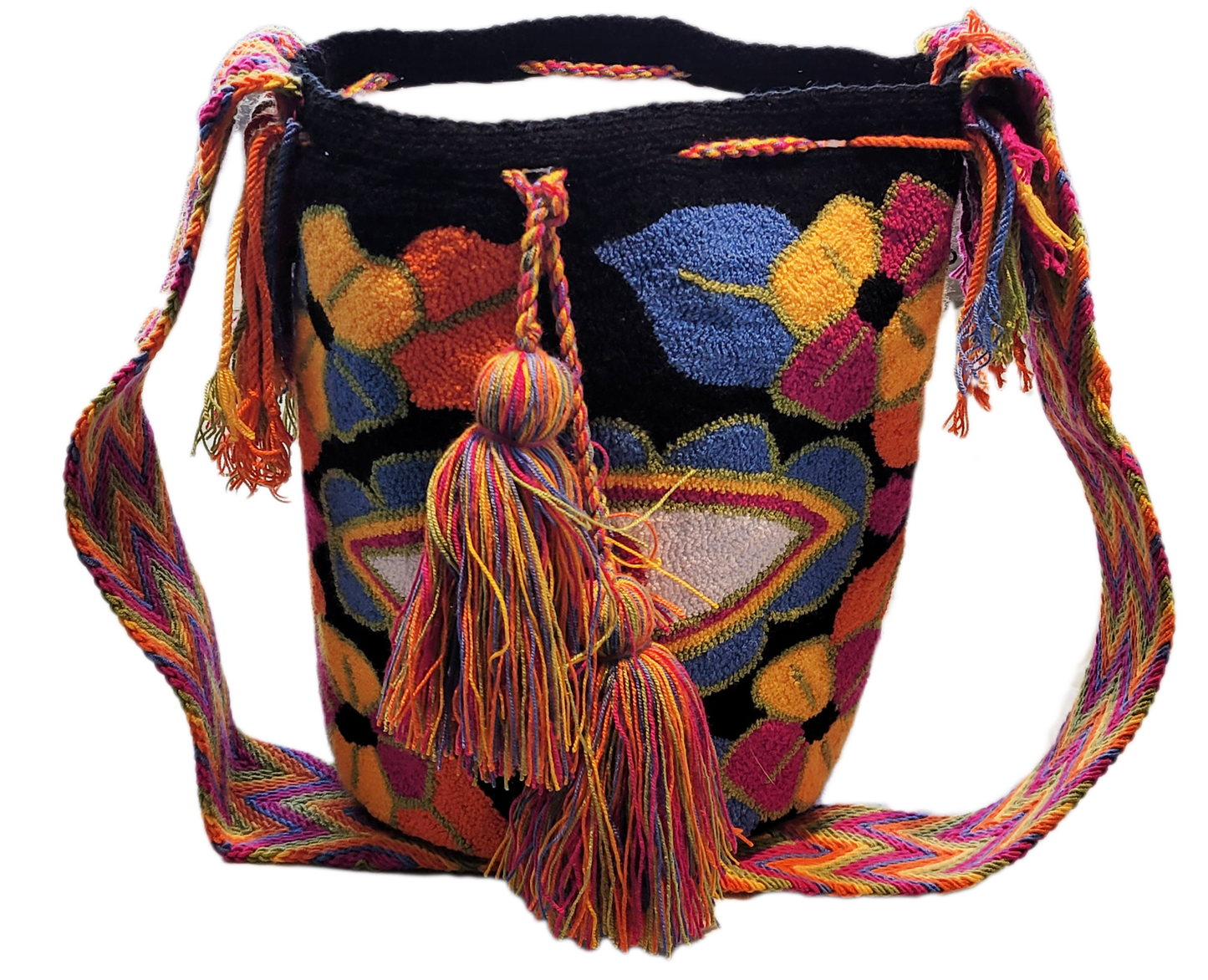 "Handmade Wuitusu Wayuu Bag with vibrant, geometric patterns, adjustable straps, and spacious interior, showcasing Wayuu arti