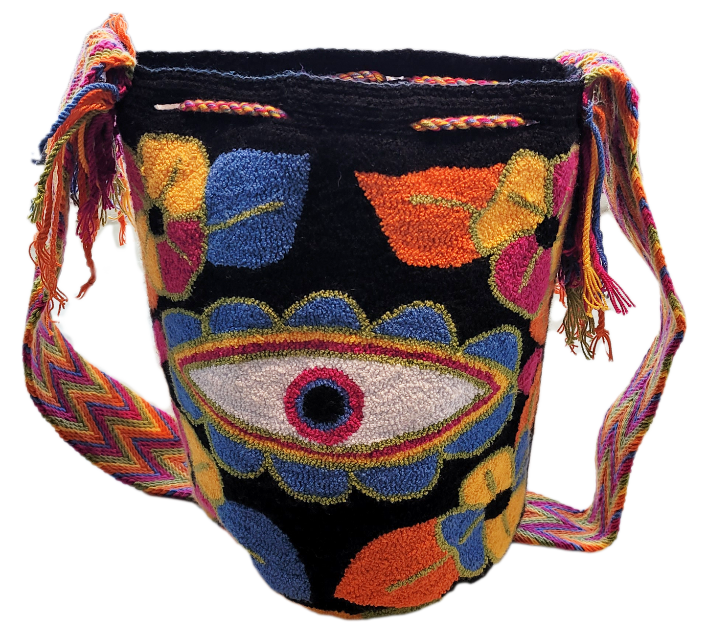 "Handmade Wuitusu Wayuu Bag with vibrant, geometric patterns, adjustable straps, and spacious interior, showcasing Wayuu arti