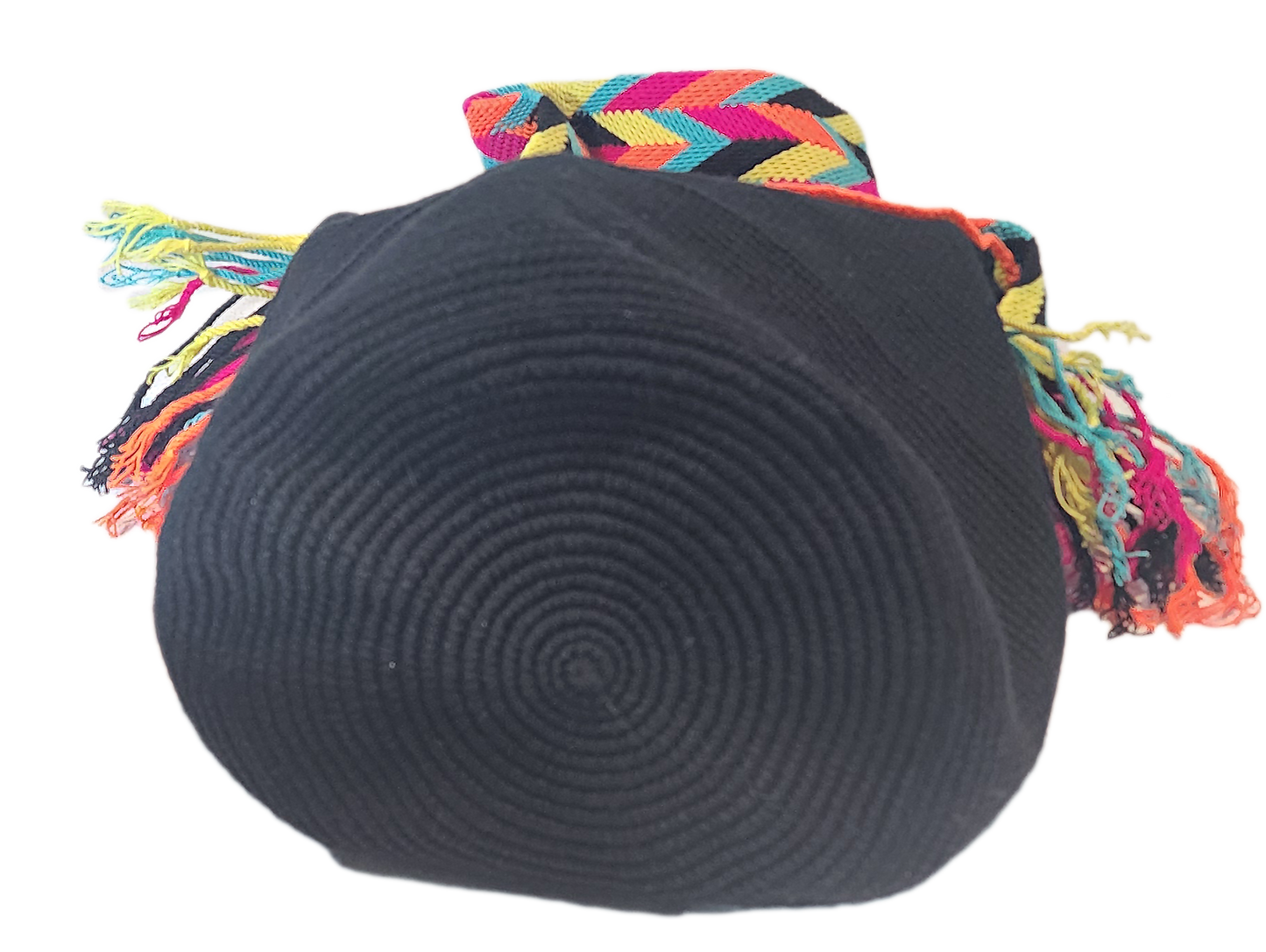 "Handmade Wuitusu Wayuu bag with vibrant patterns and lid, crafted by Wayuu artisans, supports fair trade and cultural herita