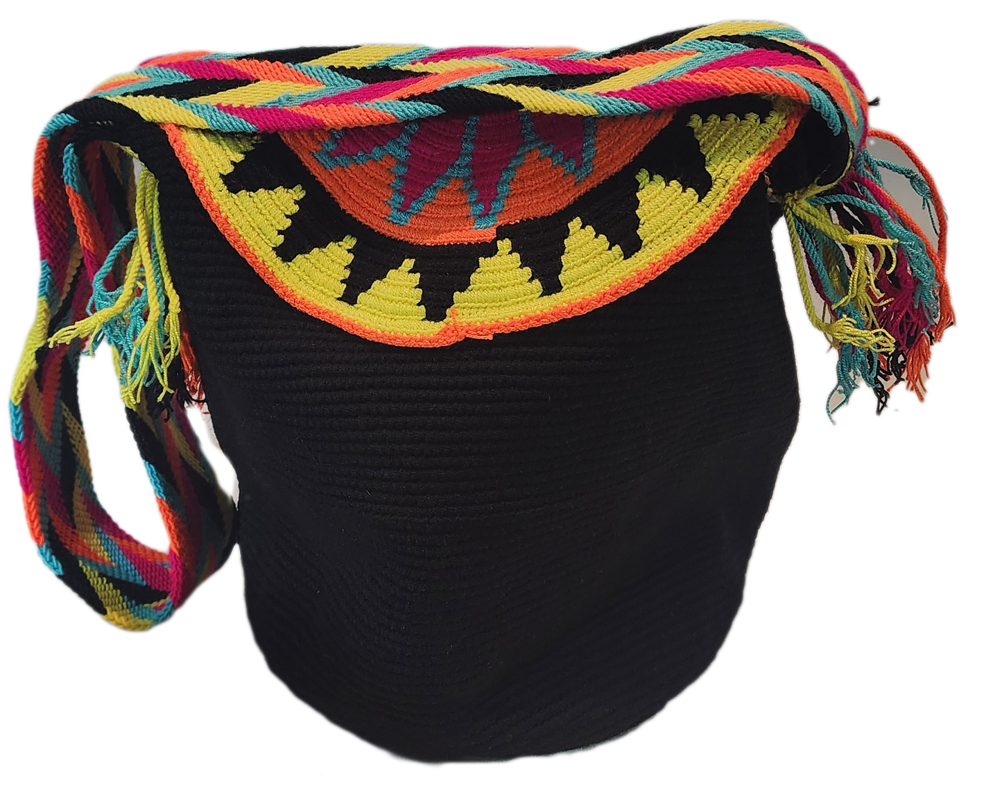 "Handmade Wuitusu Wayuu bag with vibrant patterns and lid, crafted by Wayuu artisans, supports fair trade and cultural herita