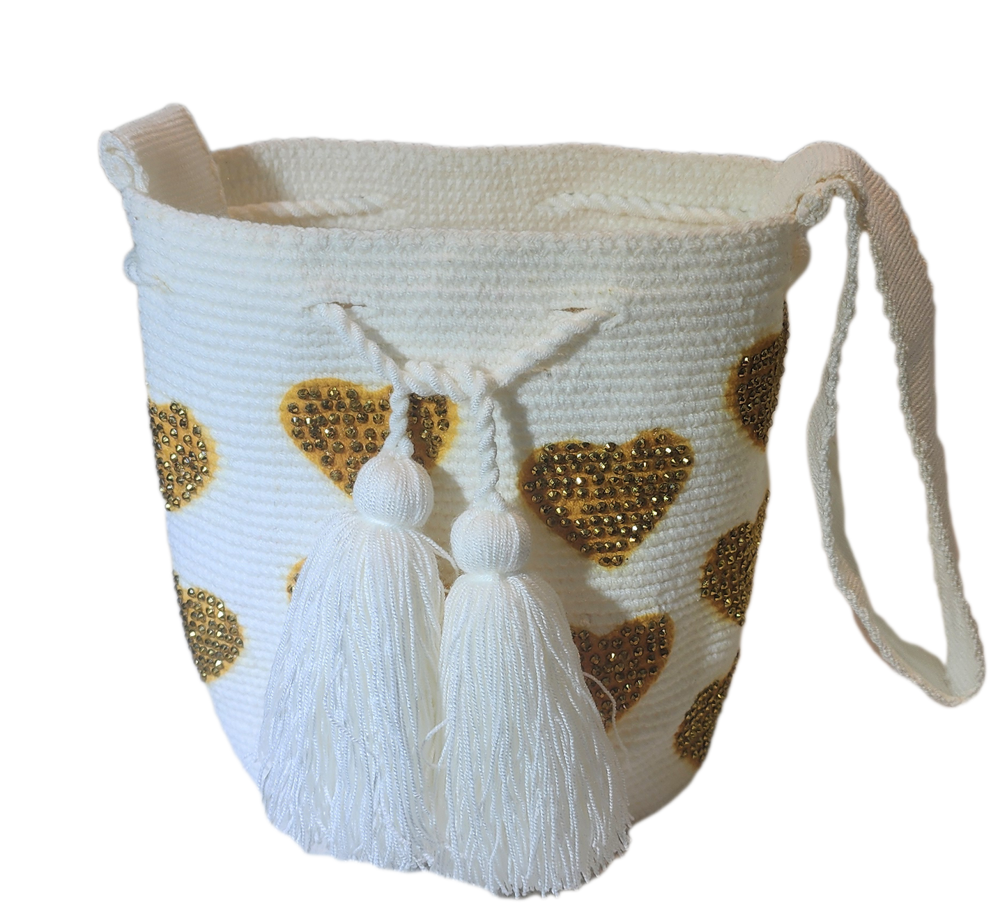 "Handmade Wuitusu Wayuu crochet bag featuring vibrant colors, geometric patterns, and a 19-inch woven strap for crossbody wea