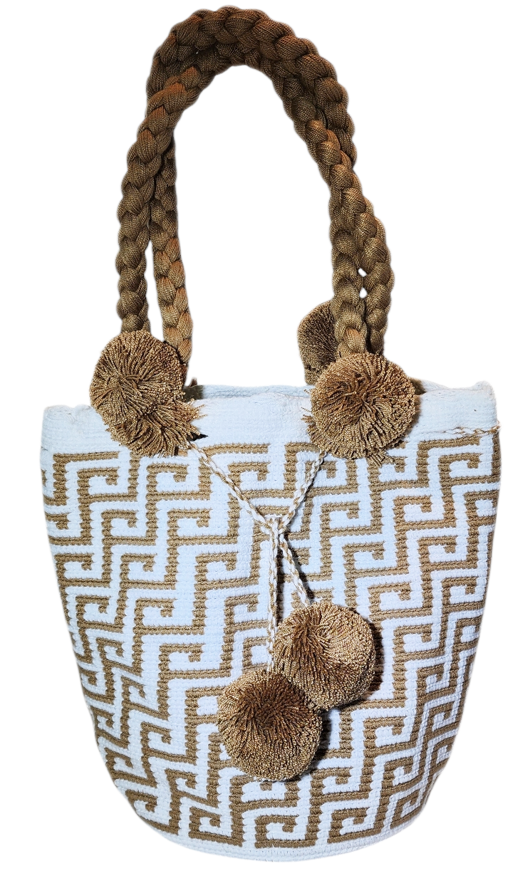 "Handmade Wuitusu Wayuu crochet bag with vibrant patterns, short handle, supporting fair trade and Wayuu community."