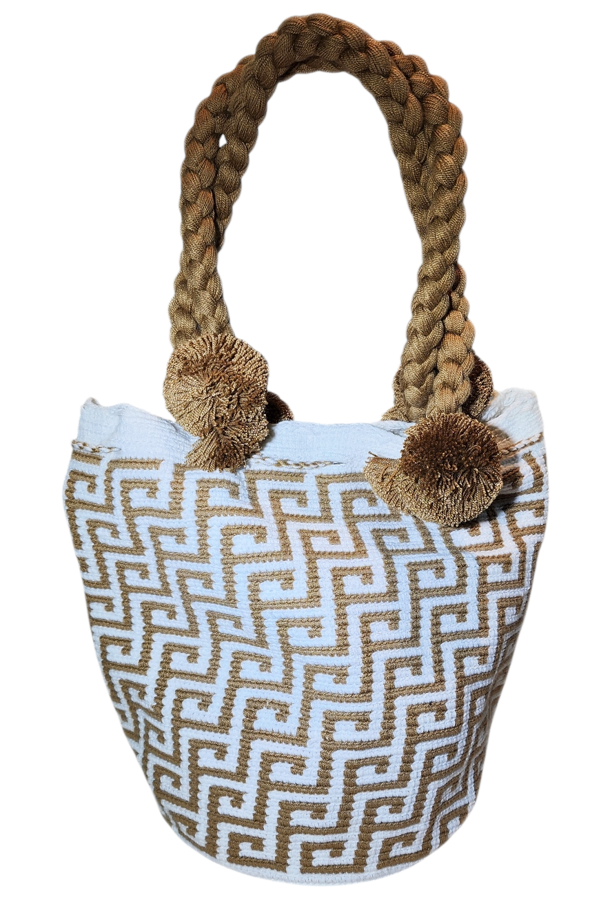 "Handmade Wuitusu Wayuu crochet bag with vibrant patterns, short handle, supporting fair trade and Wayuu community."