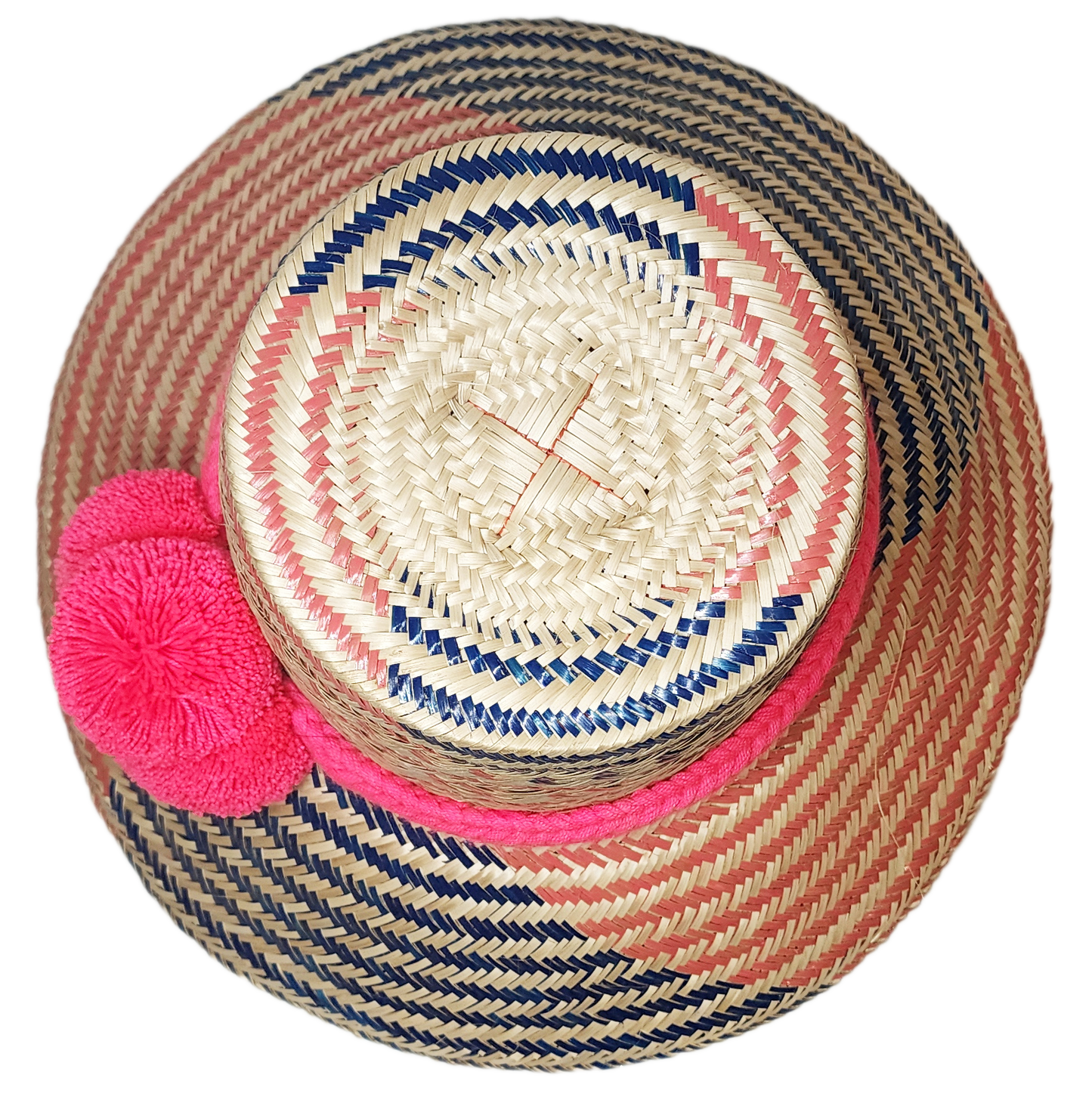 "Handmade Wuitusu Wayuu hat from Iraca palm fiber, adorned with colorful pompoms, showcasing adjustable and versatile styles.