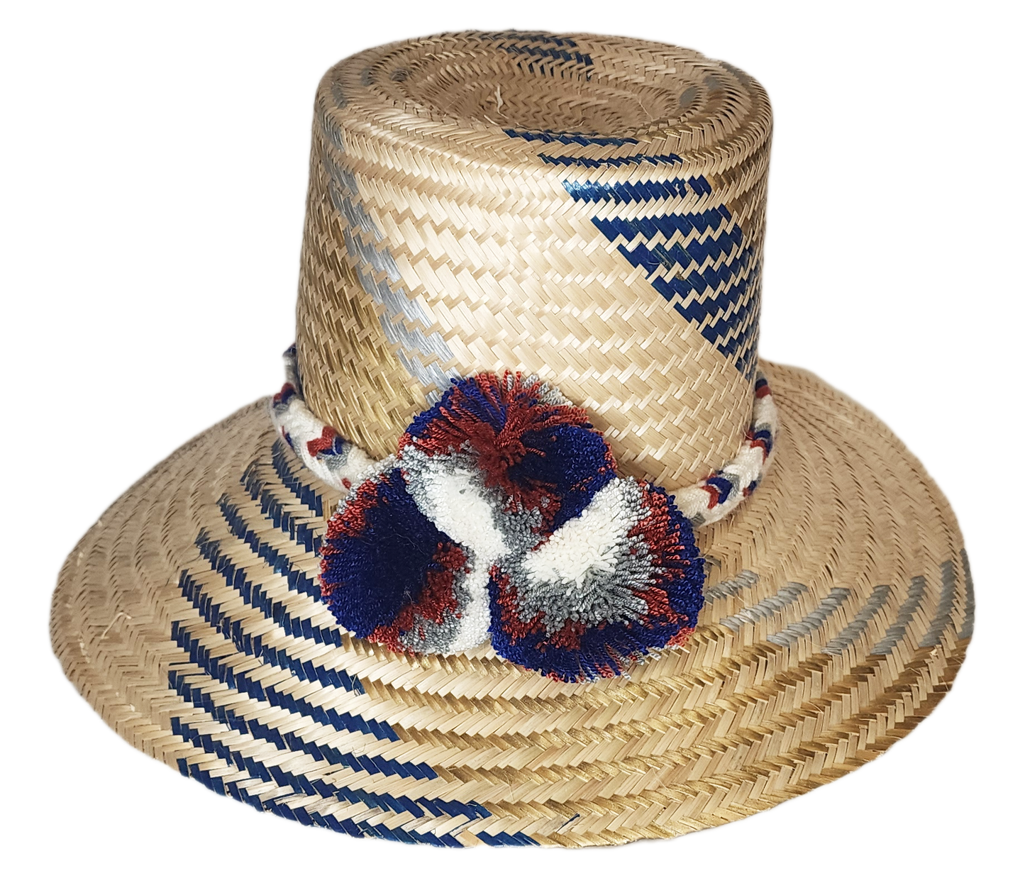 "Handwoven Wayuu hat made from Iraca palm fibers, adorned with colorful pompoms, showcasing artisan craftsmanship and cultura