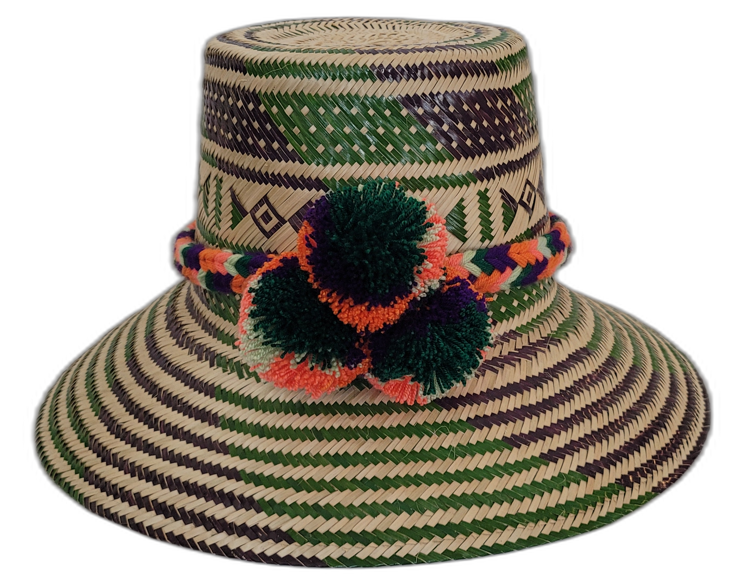 Handmade Wayuu straw hat with green, purple, and orange pompoms.Artisan boho straw hat with multicolor zigzag pattern and bold pompoms