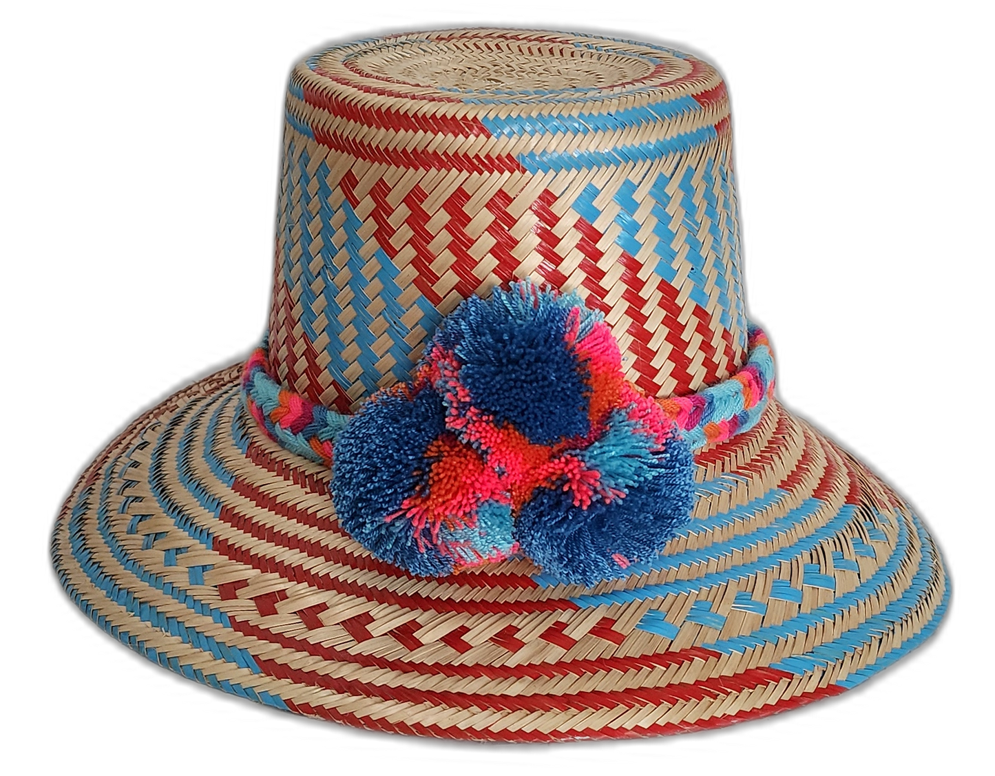 Handmade Wayuu hat with blue and red weave and multicolor pompoms.Boho straw hat with vibrant zigzag design and bold colorful pompoms