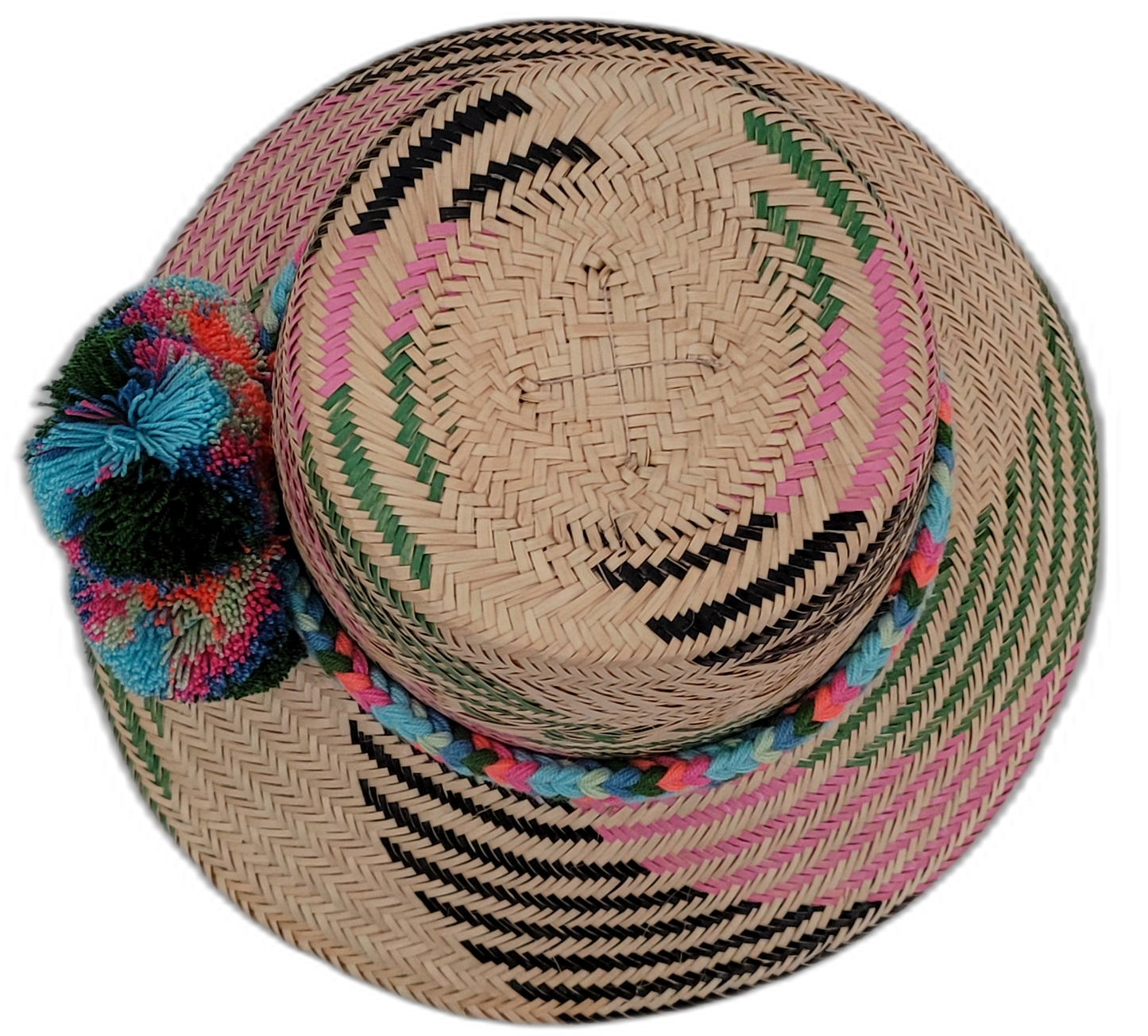 Wayuu straw hat Laila with bright blue and green pompoms and artisan multicolor band