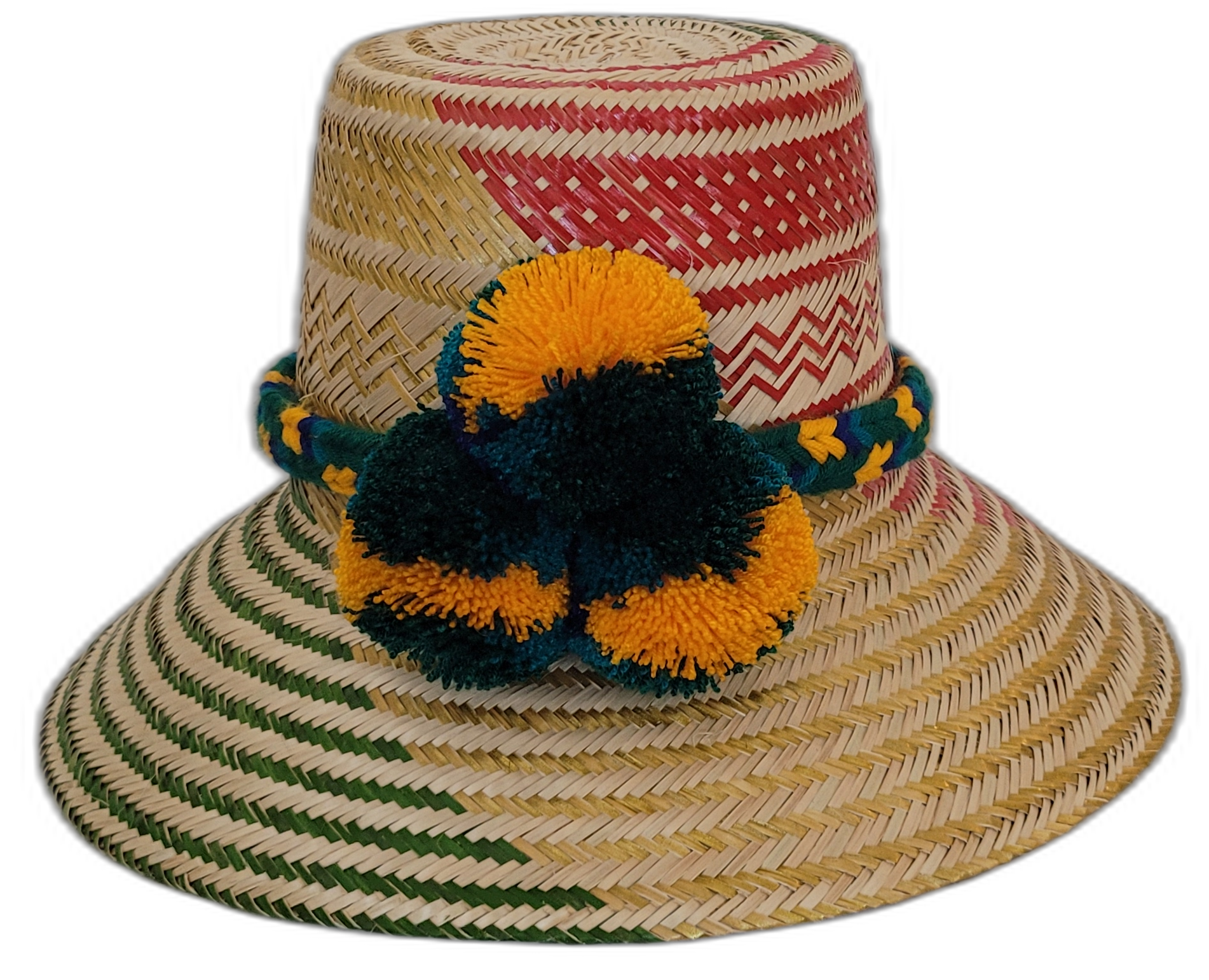 Handmade Wayuu straw hat with red and green weave and yellow pompoms.Boho straw hat with artisan weave and multicolor braided band