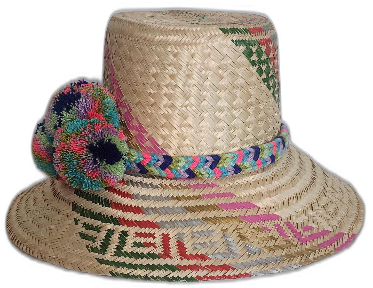 Boho chick straw hat featuring pink, blue, green, and red woven patterns with vibrant artisan pompoms.
