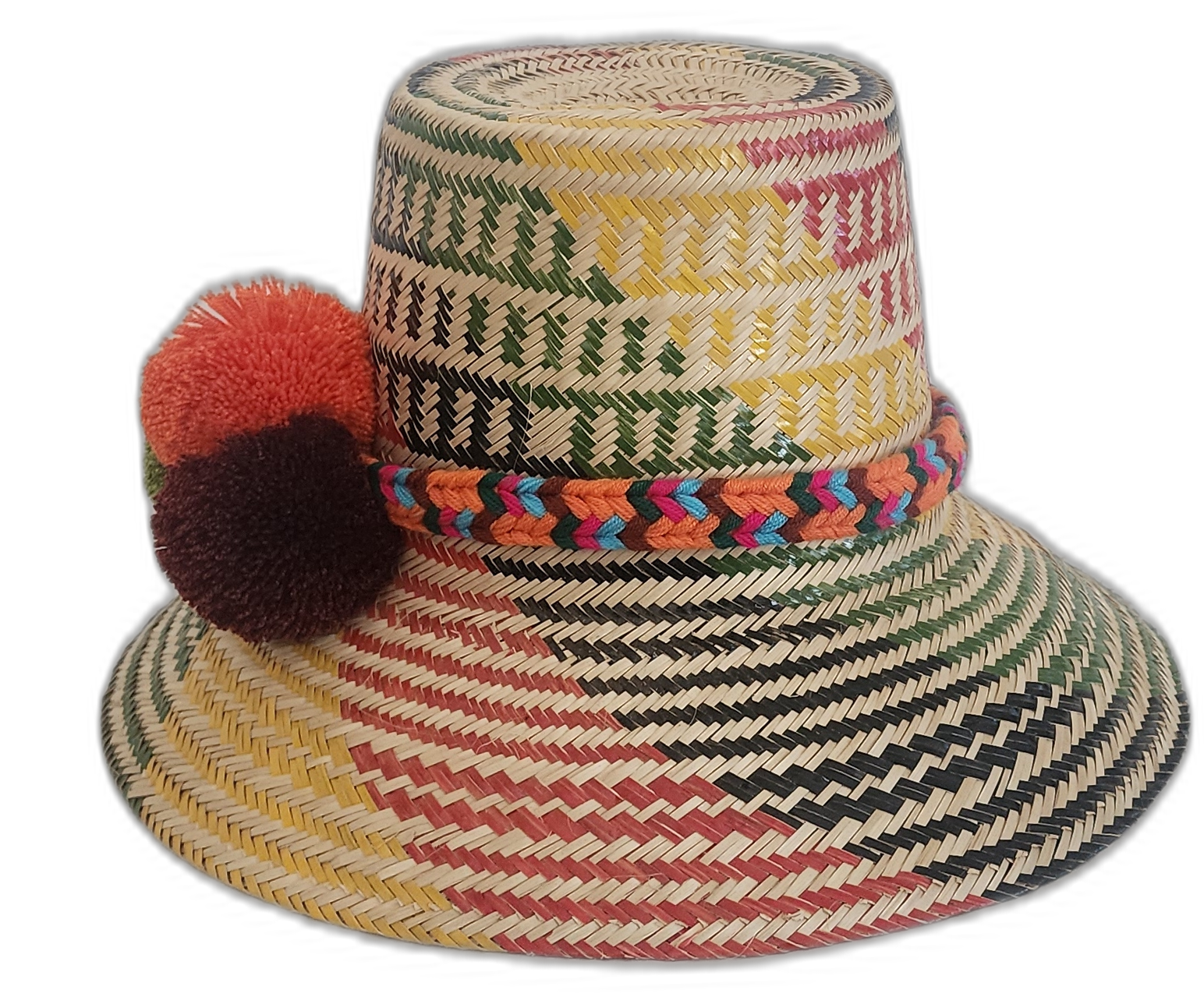 Boho straw hat with green, orange, and burgundy pompoms and vibrant patterns