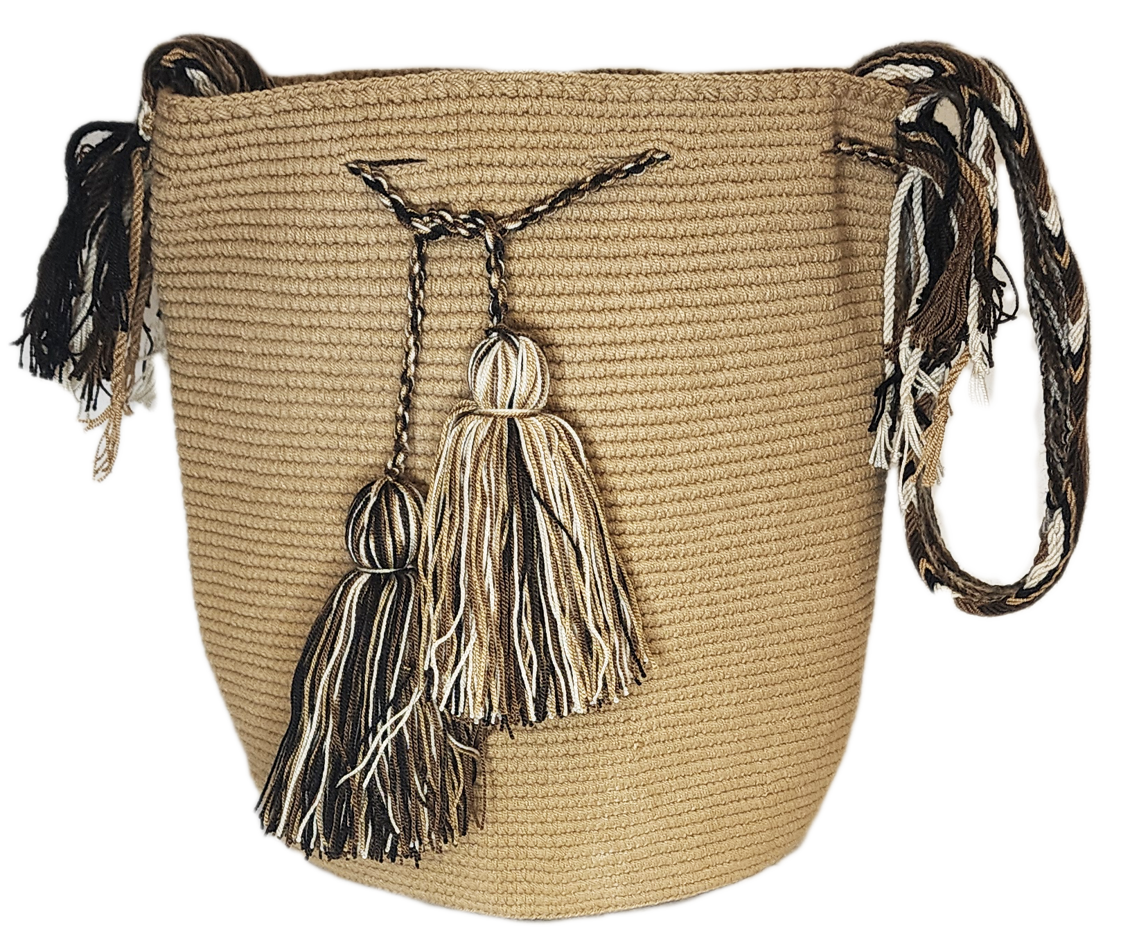 Handmade Wayuu crochet bag in camel beige with brown, ivory, and black tassels. Features an artisan strap in matching earth tones