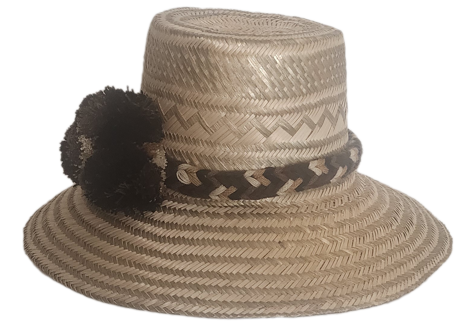 Boho-chick artisan straw hat featuring brown and beige pompoms