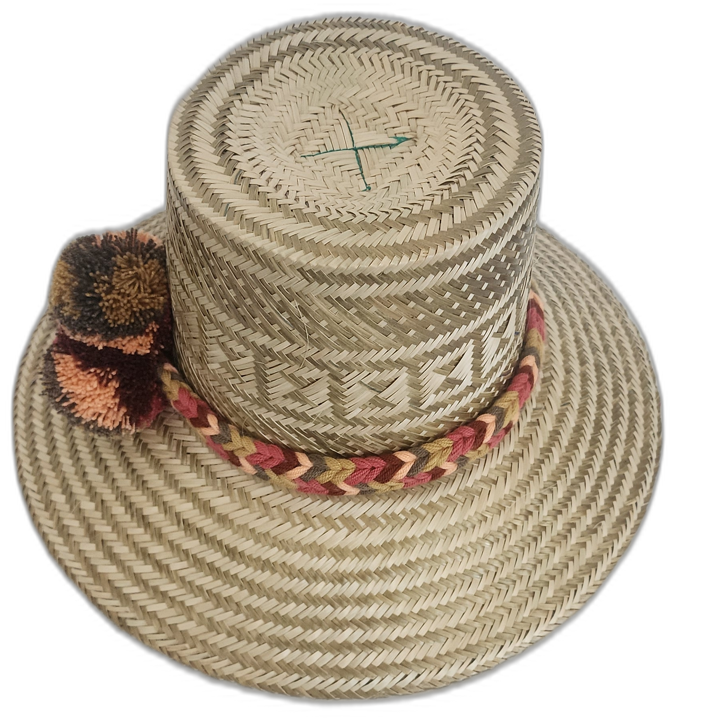 Boho Chick hat in natural straw with red, peach, and brown pompom accent