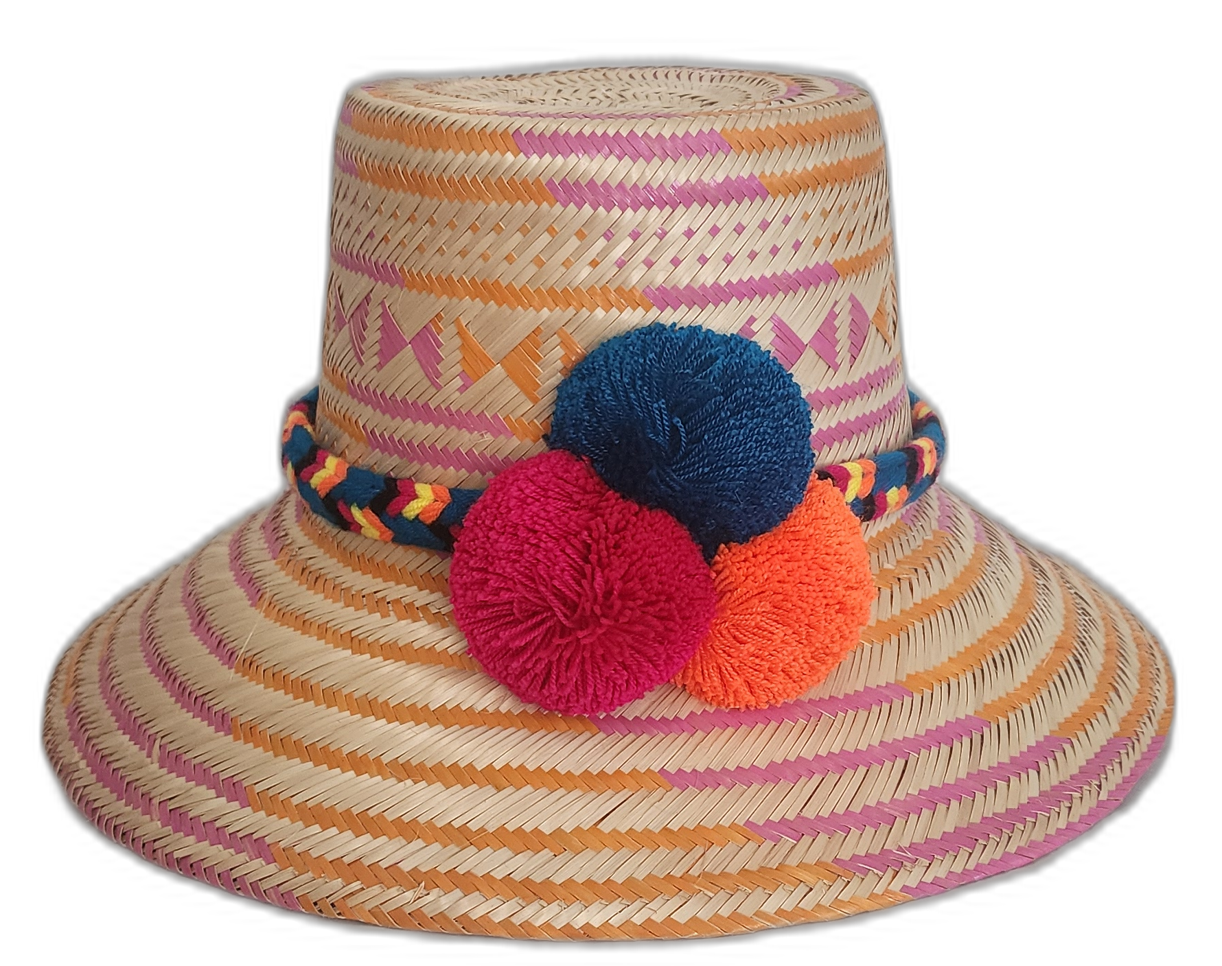 Handmade Wayuu straw hat with pink, orange, and natural weave featuring blue, fuchsia, and orange pompoms.
