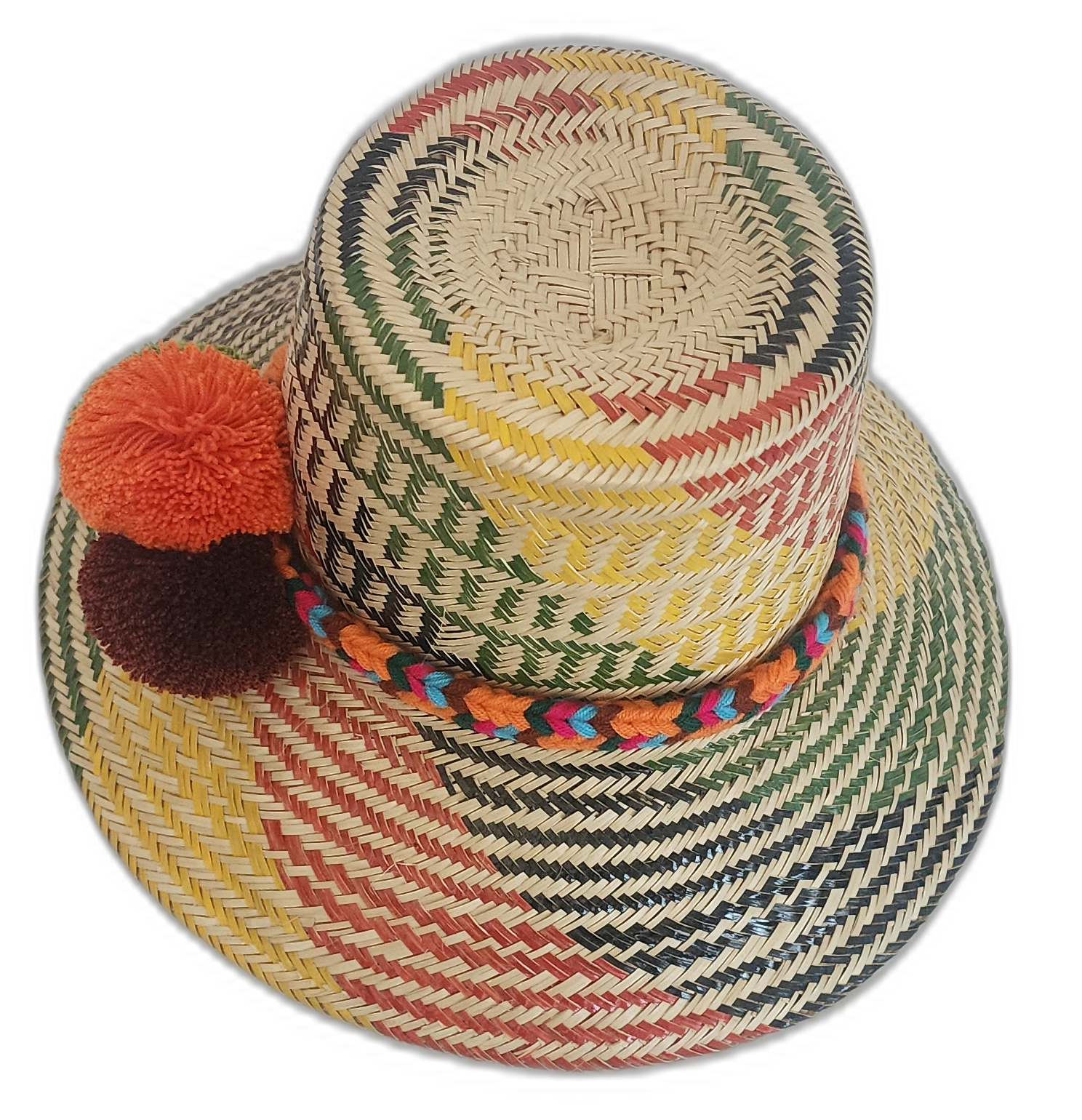 Colorful Bohemian Wayuu straw hat featuring traditional rainbow-style weaving