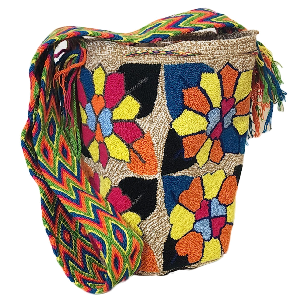 Bright boho-chick Wayuu handbag featuring multicolor flower motifs