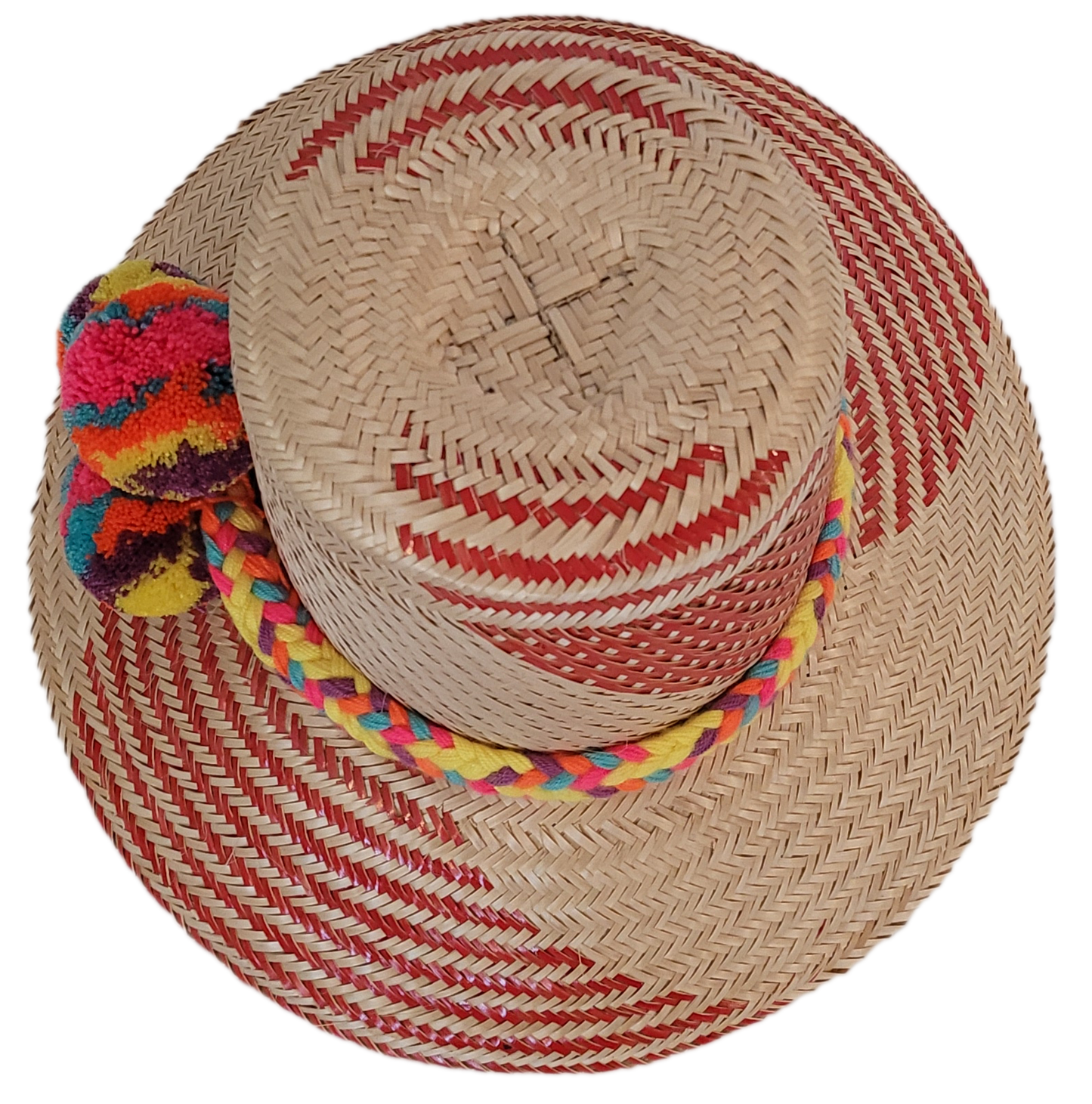 Bohemian straw hat with bright multicolor detailing and artisan design