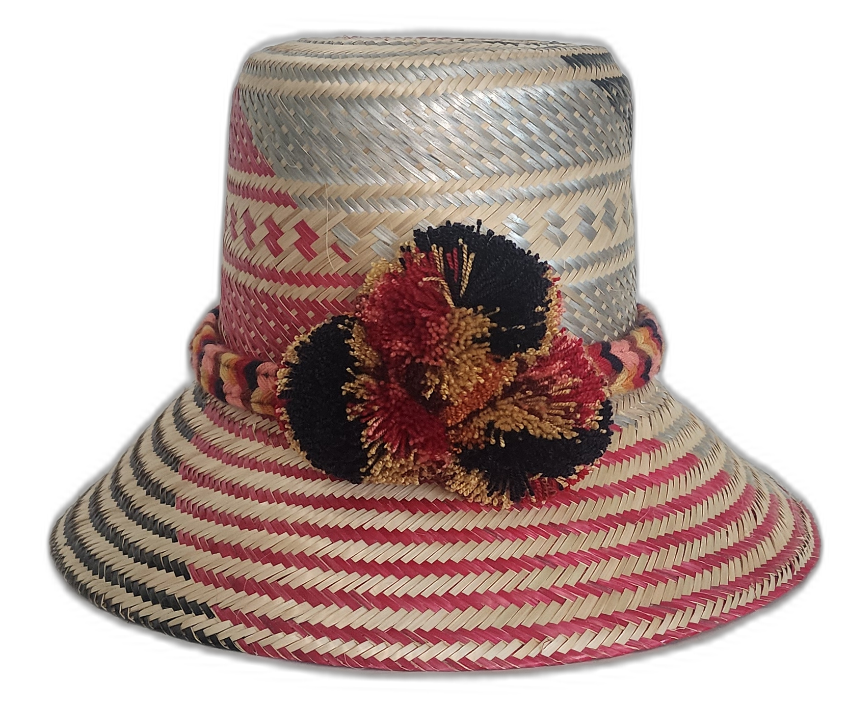 Handmade Boho Straw Hat in deep red, black, and gold with pompom accents