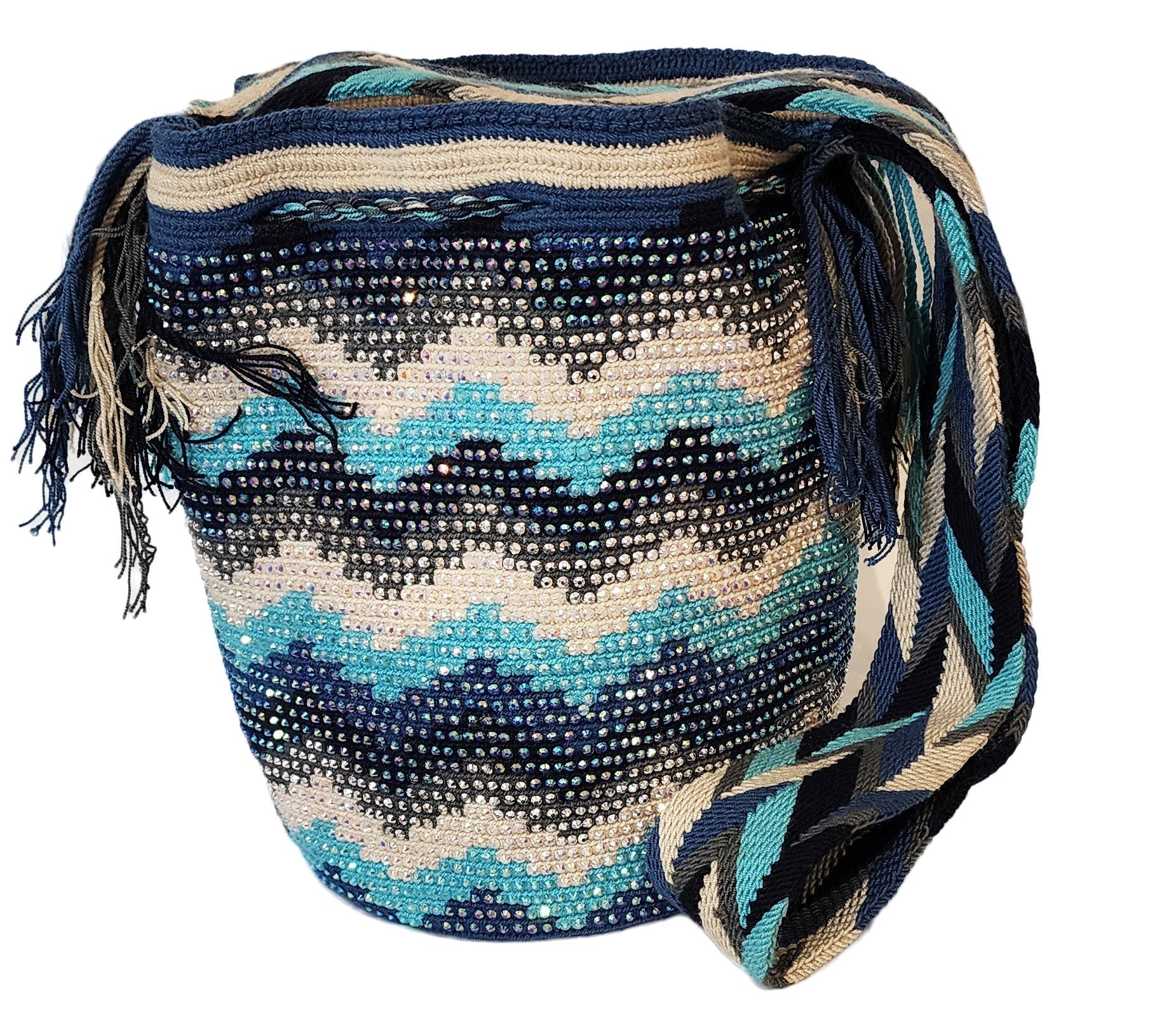 Bottom view Ocean-inspired colorful Wayuu crochet bag with bold patterns and shimmer.