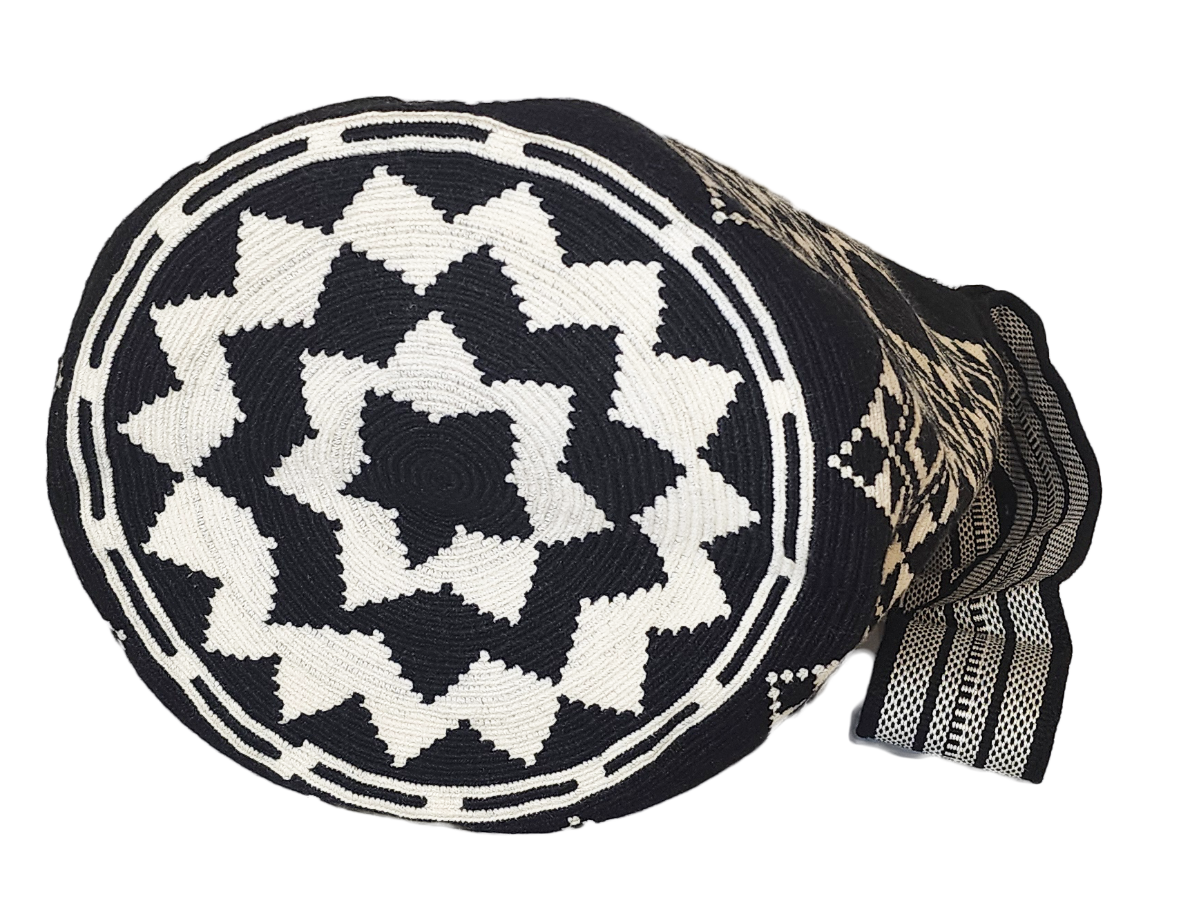 Vegan handmade Wayuu bag, black and white crochet with diamond patterns, crossbody strap, and artisan tassels, perfect for boho chic fashion.