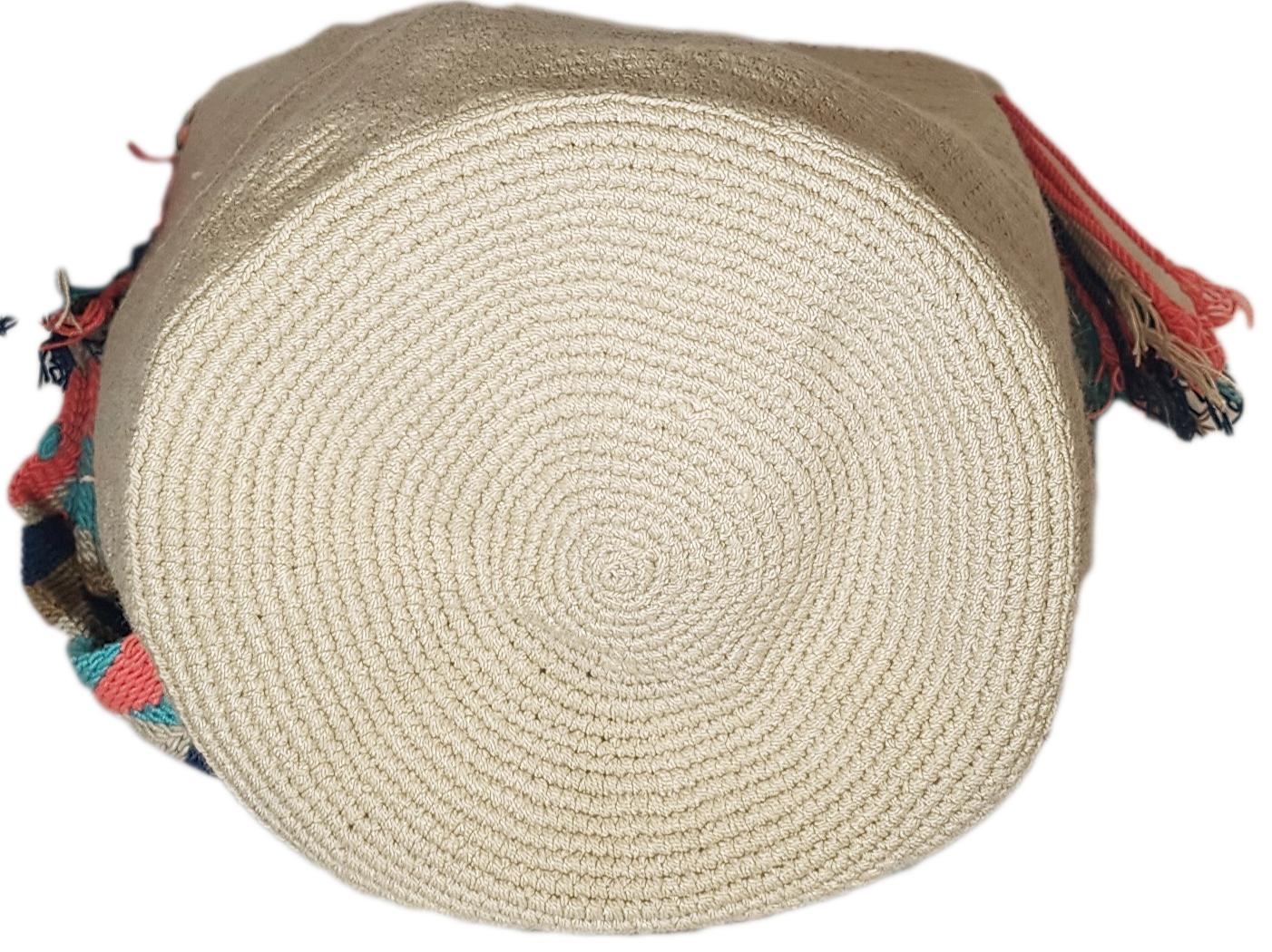 Vegan handmade Wayuu bag, cream crochet body with multicolor tassels, vibrant crossbody strap, and artisan craftsmanship, perfect for boho style.