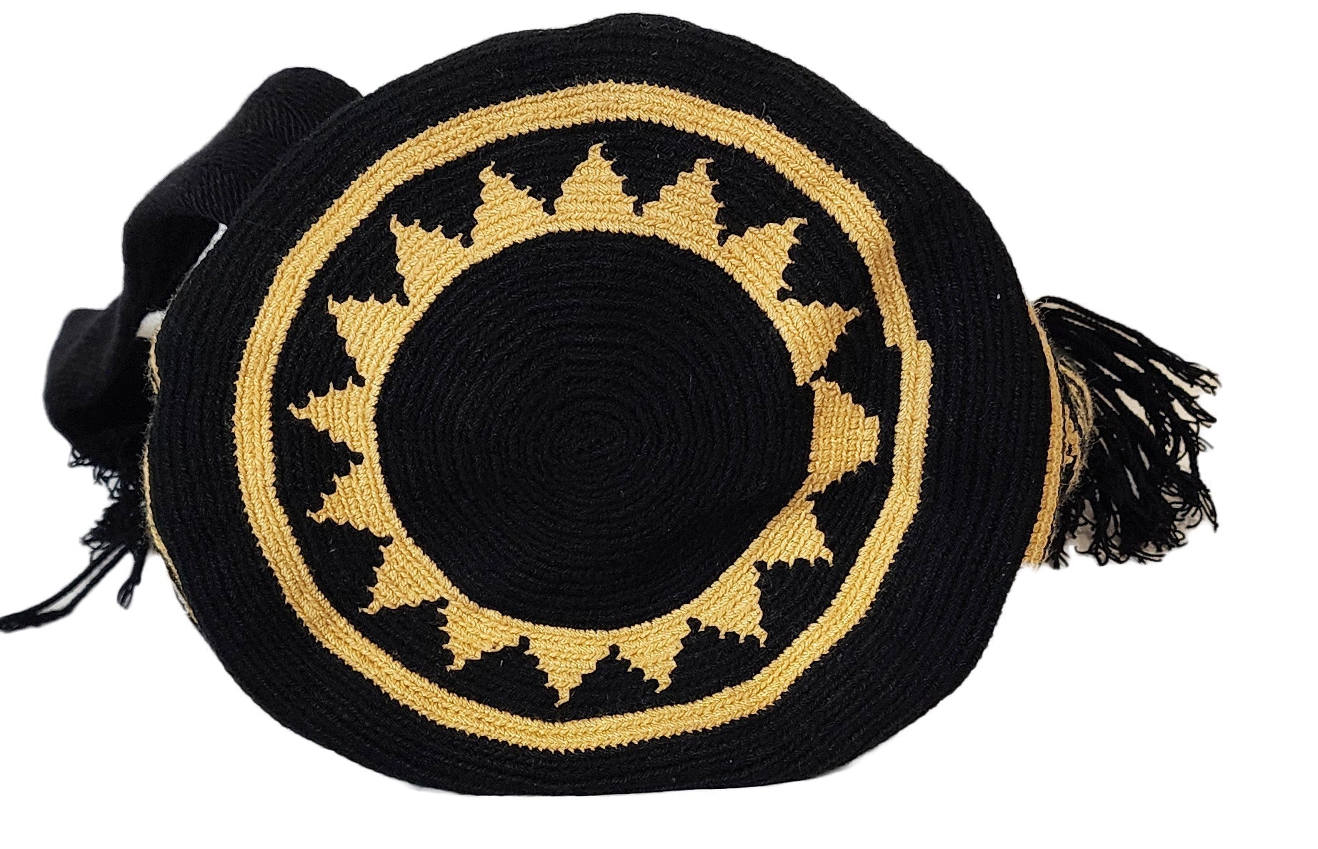 Vegan handmade Wayuu bag, black crochet design with beige diamonds, crossbody strap, and oversized tassels, perfect for boho chic style.