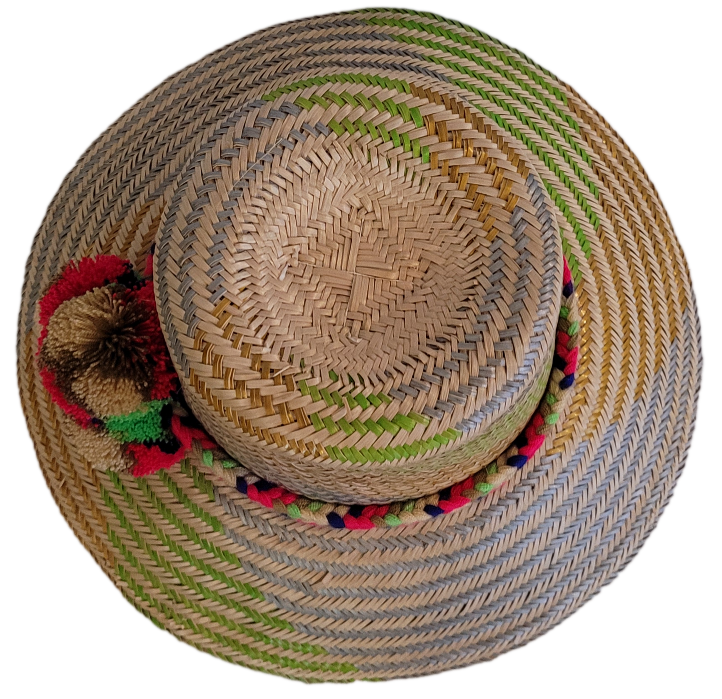 Colorful Bohemian straw hat featuring braided crown and vibrant pompoms.
