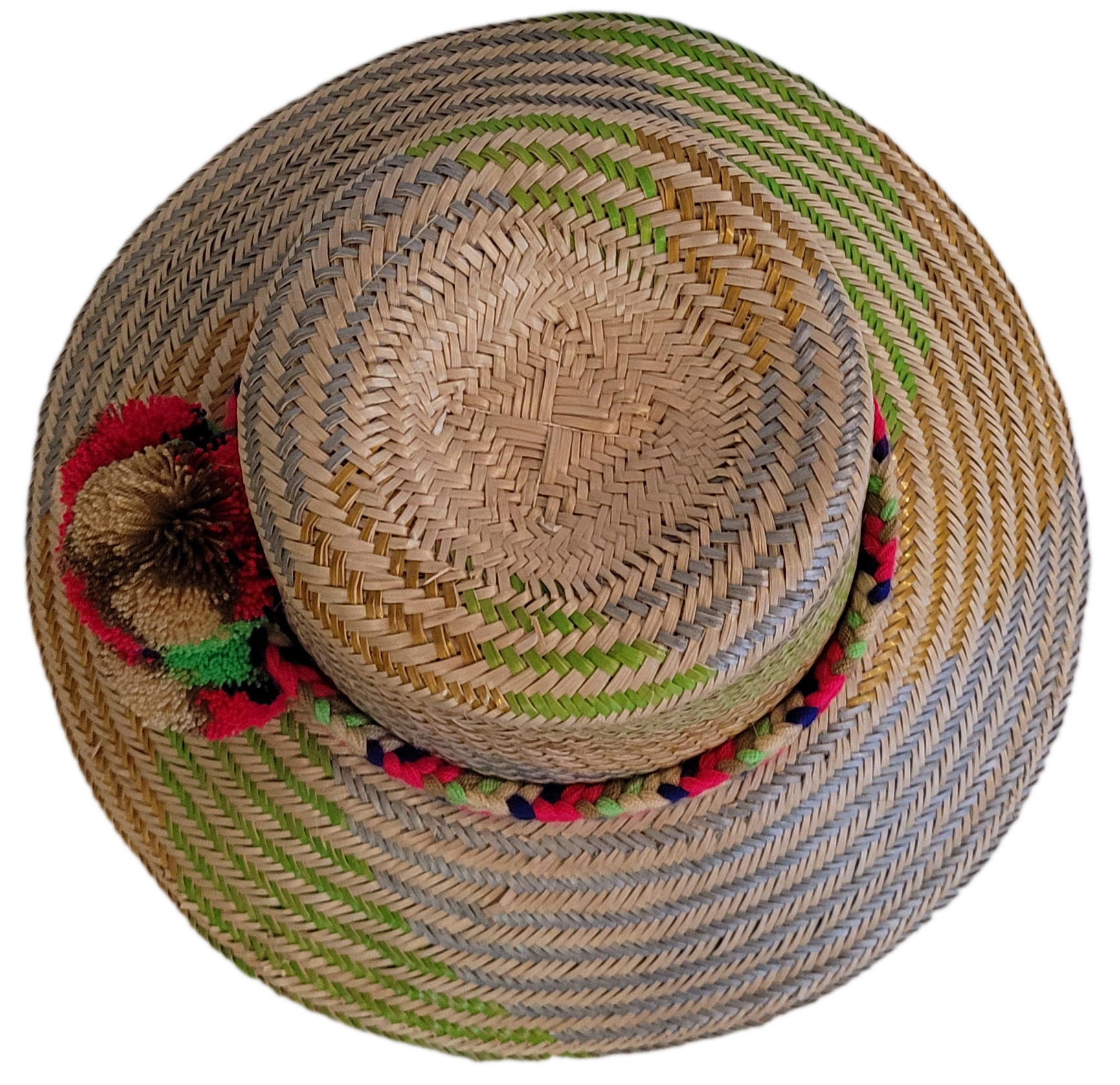 Colorful Bohemian straw hat featuring braided crown and vibrant pompoms.