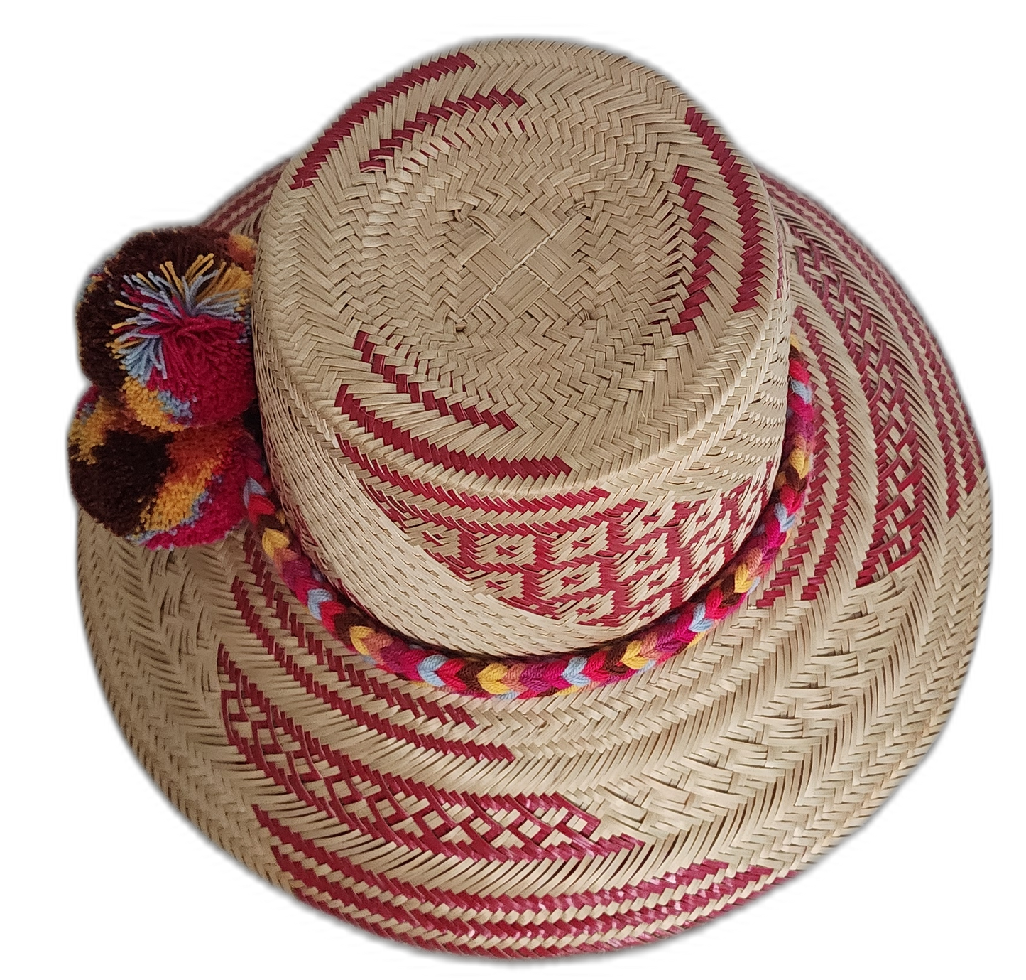 Artisanal boho hat woven from Iraca palm with detailed red design