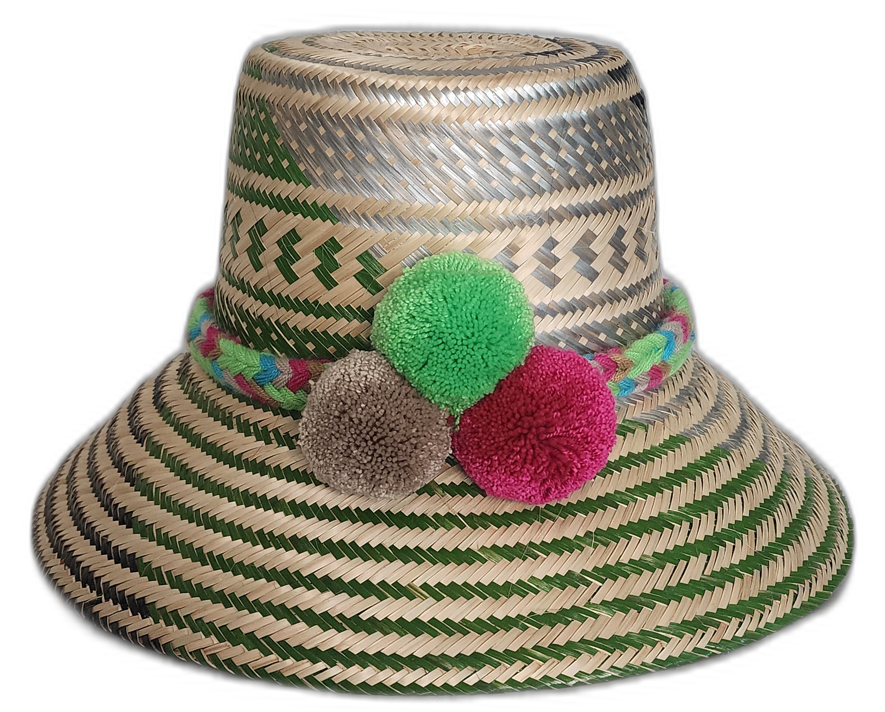 Handmade Wayuu hat with green and magenta pompoms in boho style
