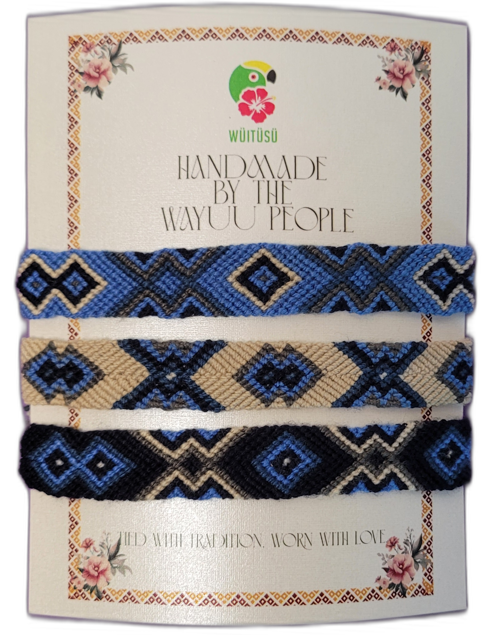 1 Handmade Wayuu friendship bracelets in blue, black, and cream tones.