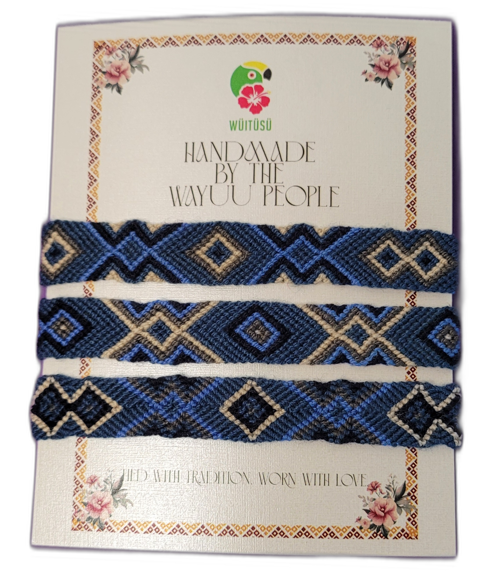 1 Handmade Wayuu friendship bracelets in blue, cream, and black.